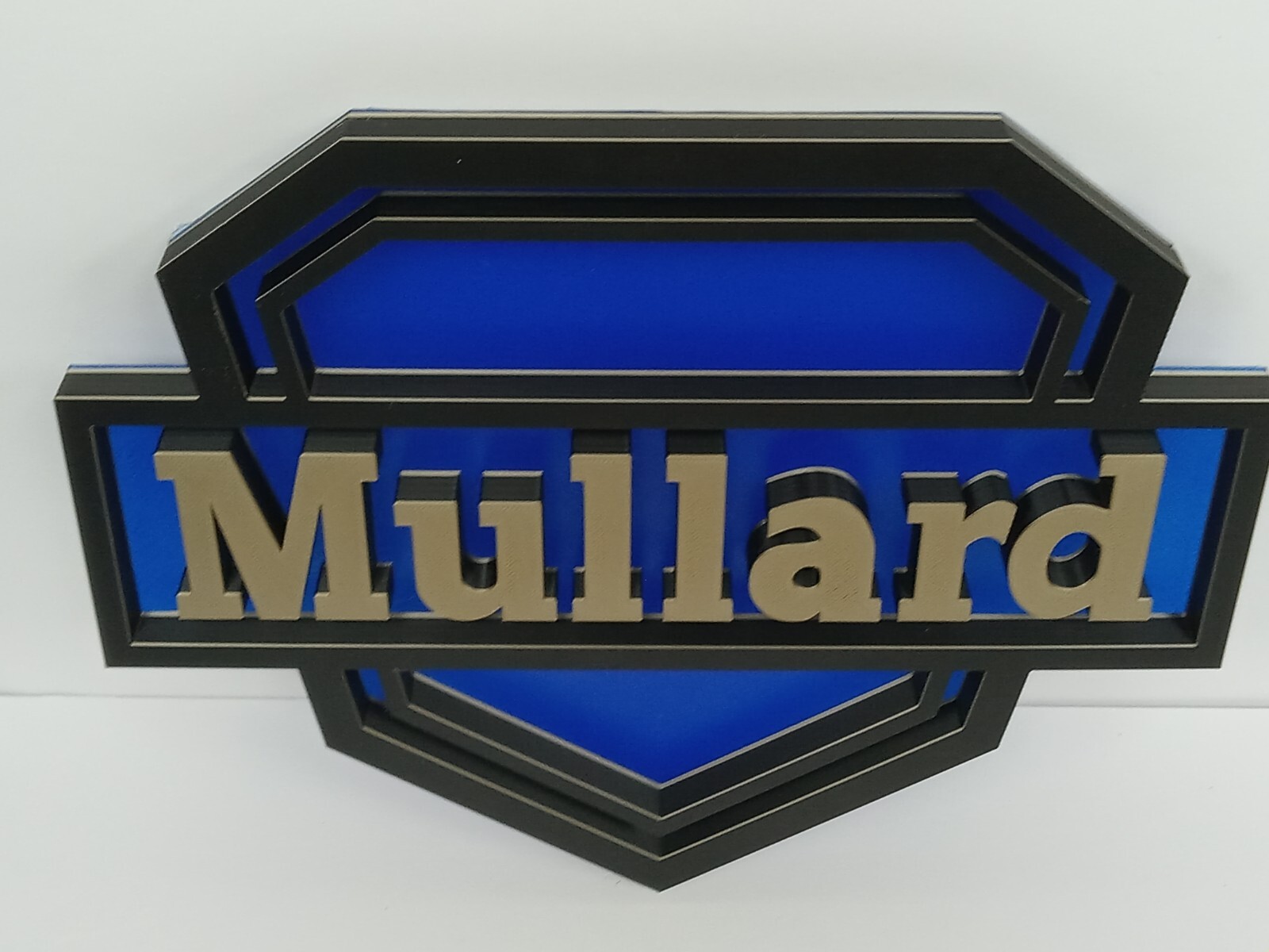 Mullard Logo Display Sign & Wood Base – Gold & Black on ‘Glass’ Blue -tubes