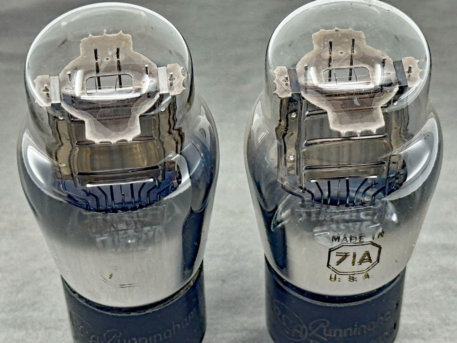 (2) RCA Cunningham 71A Power Tubes Silver Plates Engraved Bases Late 40s Strong