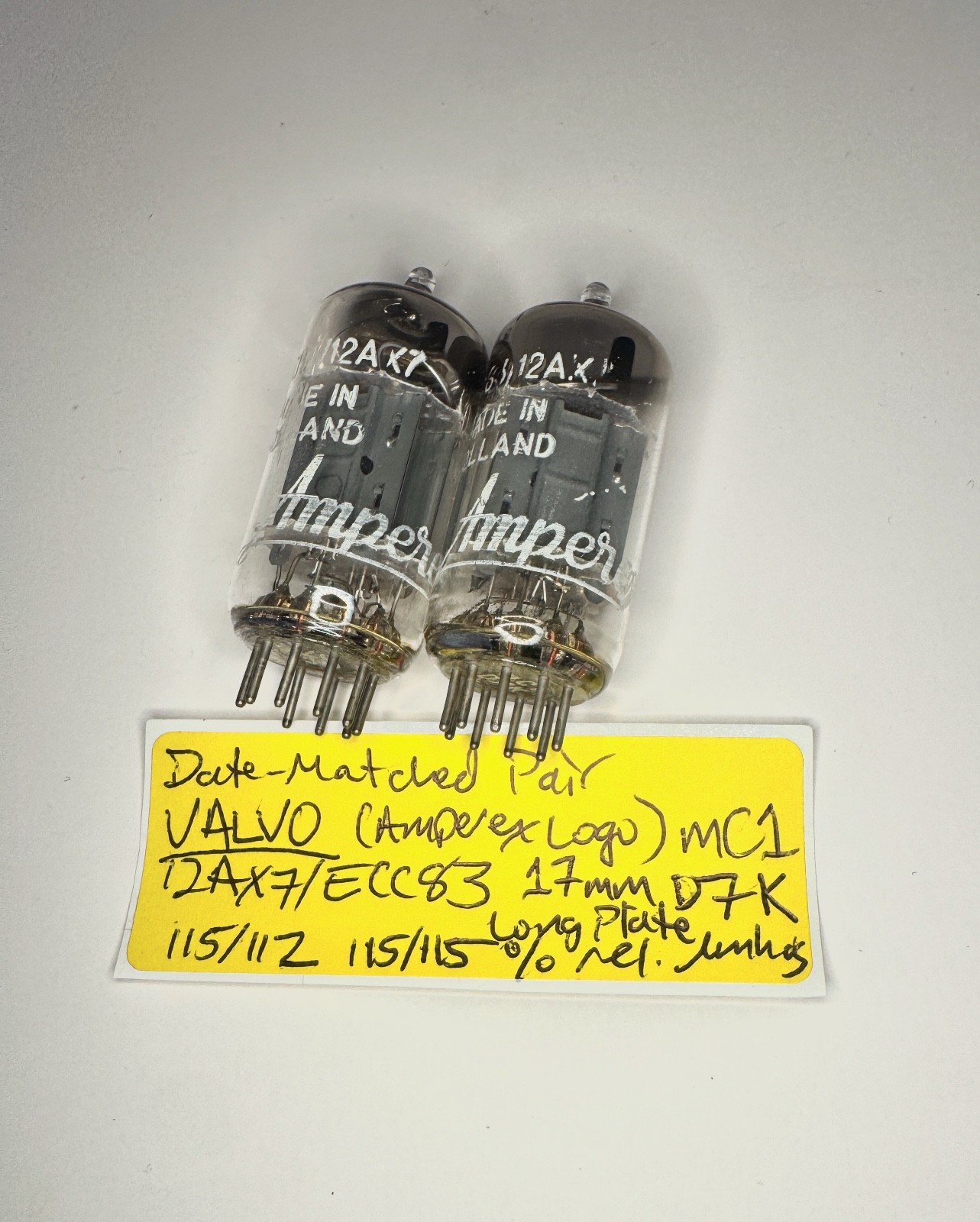 Pair Valvo (Amperex Label) 12AX7/ECC83 Long Plates 45° Getter 1957 mC1 Test@NOS+