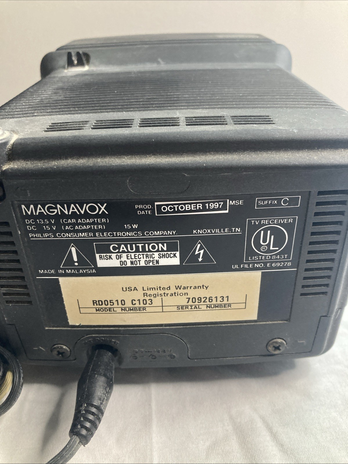 Magnavox RD0510 C103 Portable 5” TV W/Power Cord Color Works Vtg Tested Gaming