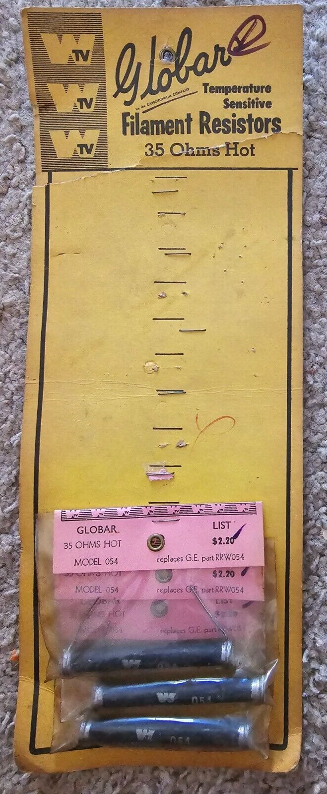 Globar Filament Resistor Model 054 – Lot of 6 NOS On Hanging Displays – 35 Ohms