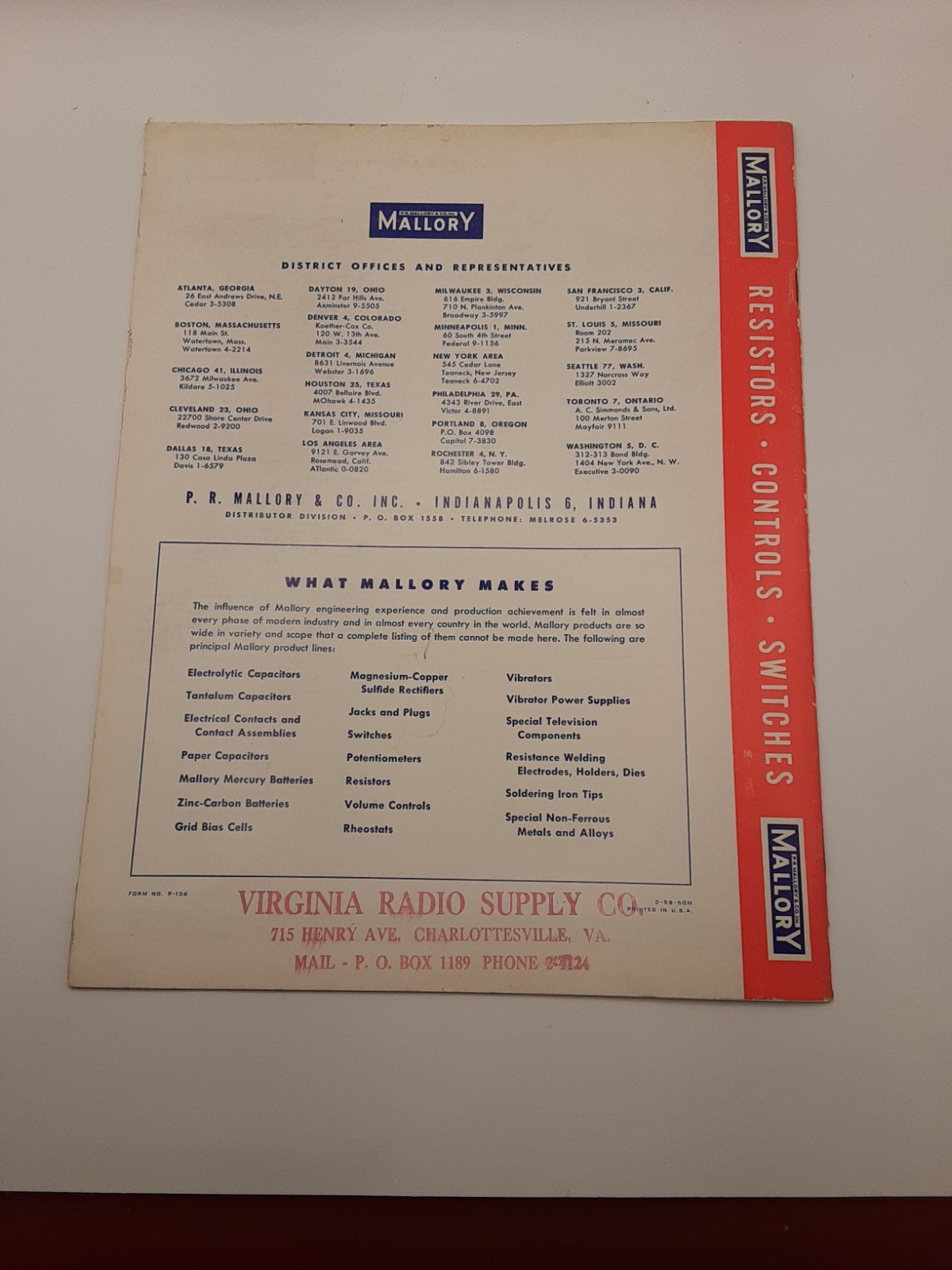 Mallory Resistor Controls Switches Catalog 9-136 Vintage Electronics Catalog