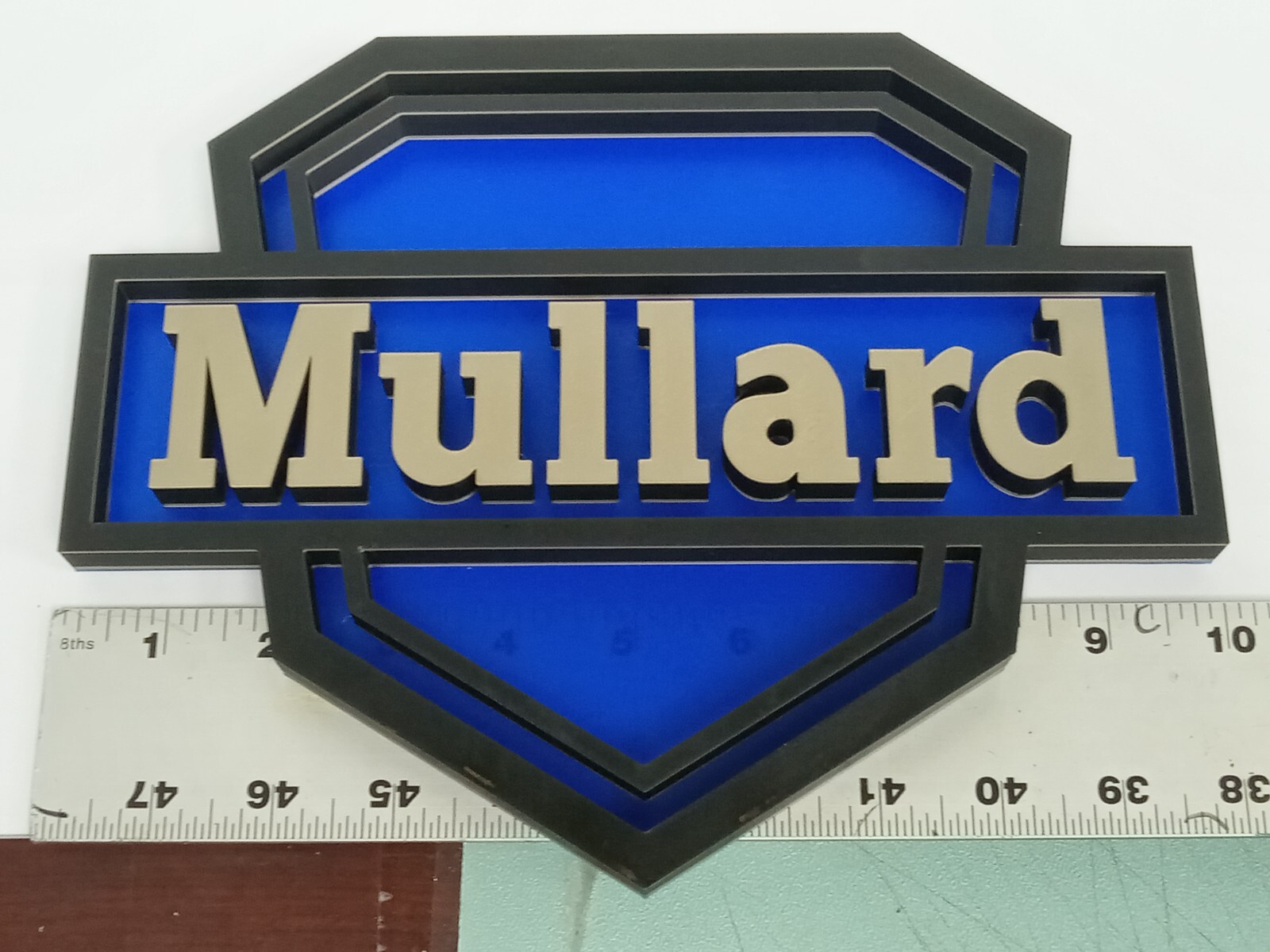 Mullard Logo Display Sign & Wood Base – Gold & Black on ‘Glass’ Blue -tubes