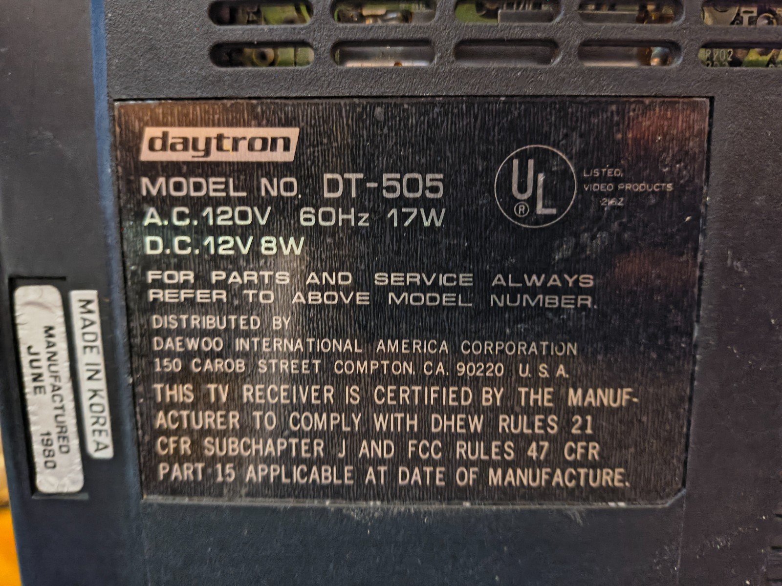 RARE Daytron DT-505 Vintage Portable TV VHF UHF 1980
