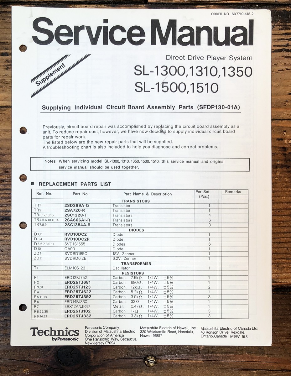 Technics SL-1300 -1310 -1350 -1500 -1510 Turntable Supp. Service Manual *Orig*