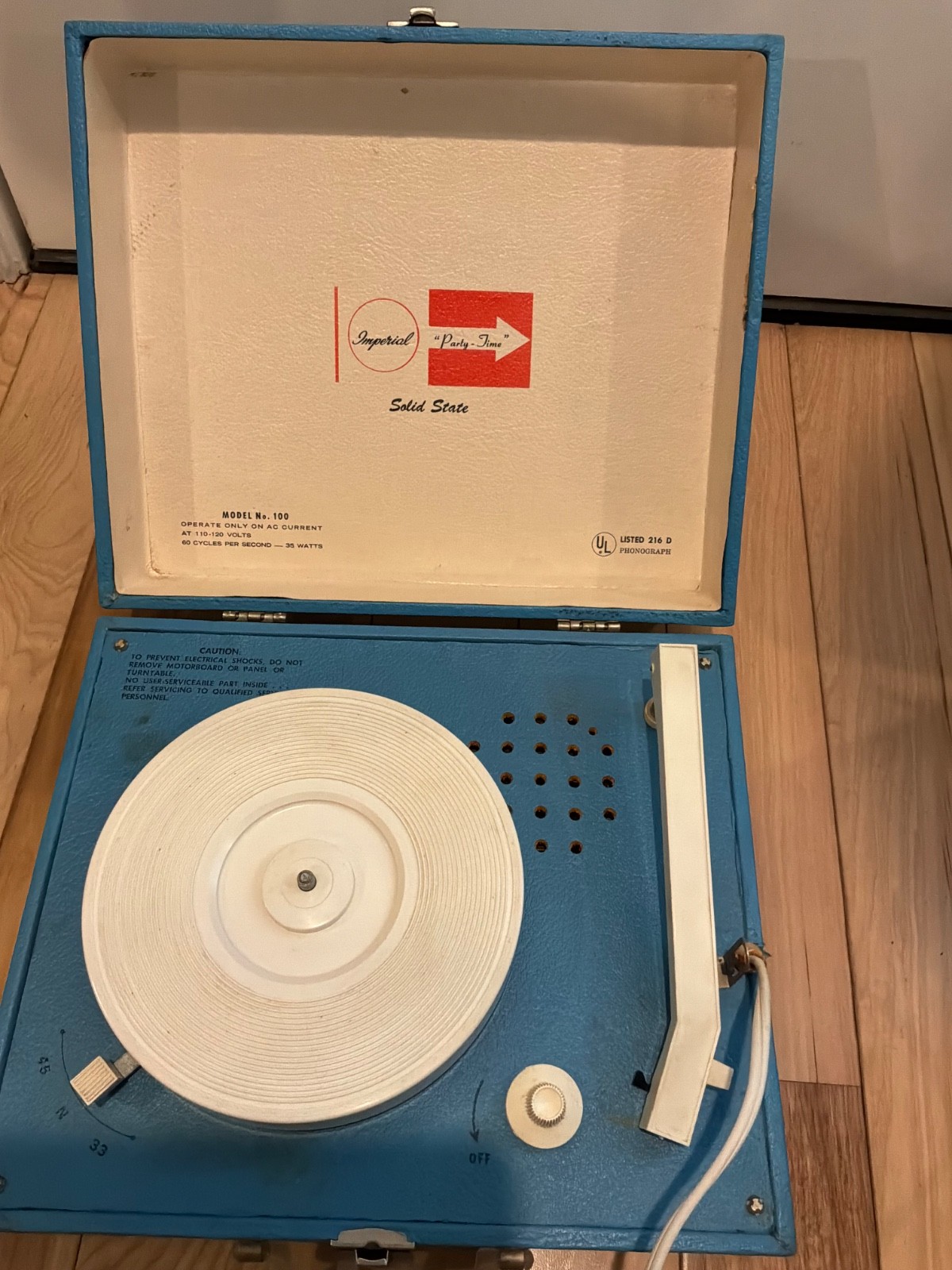 Vintage Imperial Party-Time Model 100 Record Player Blue Tested Spins 33/45