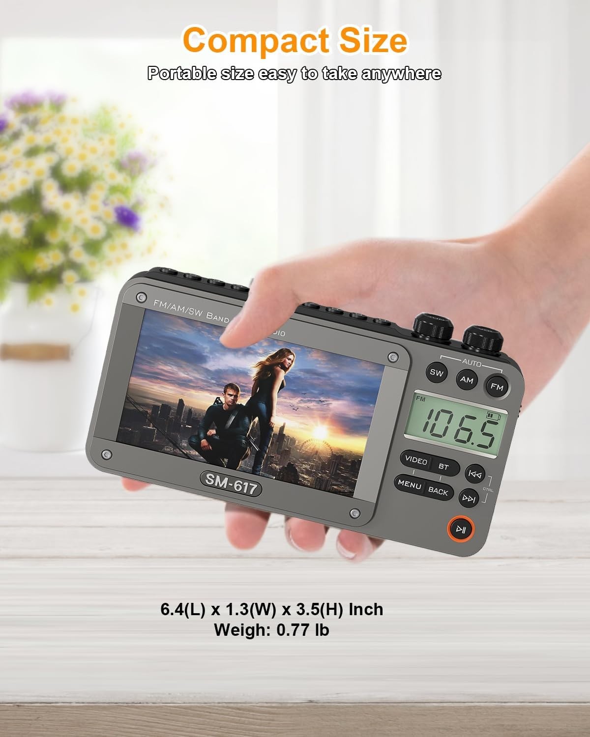 720p 4.3″ Screen AM FM SW Movie Video Radio with Bluetooth, Rechargeable Pocket