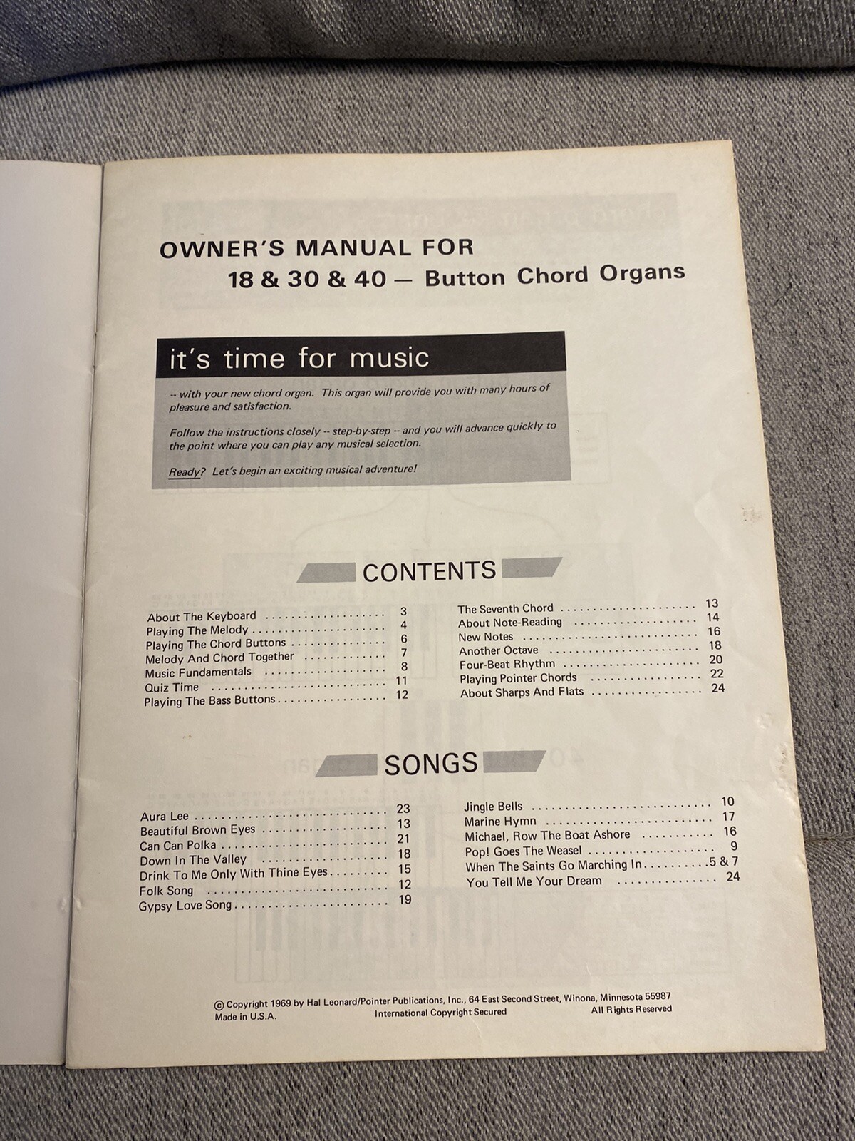 Sears Silvertone Chord Organ Owners Manual For 18, 30, 40 Button Organ 1969