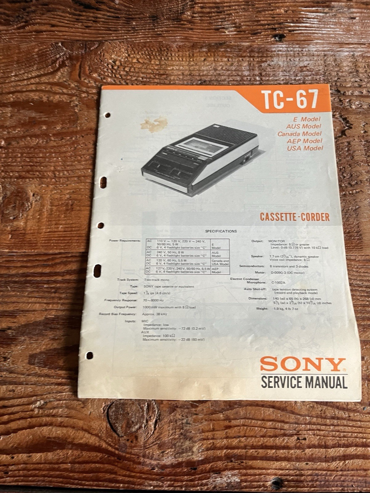 SONY Stereo Cassette Corder Tapecorder TC-67 Service Manual