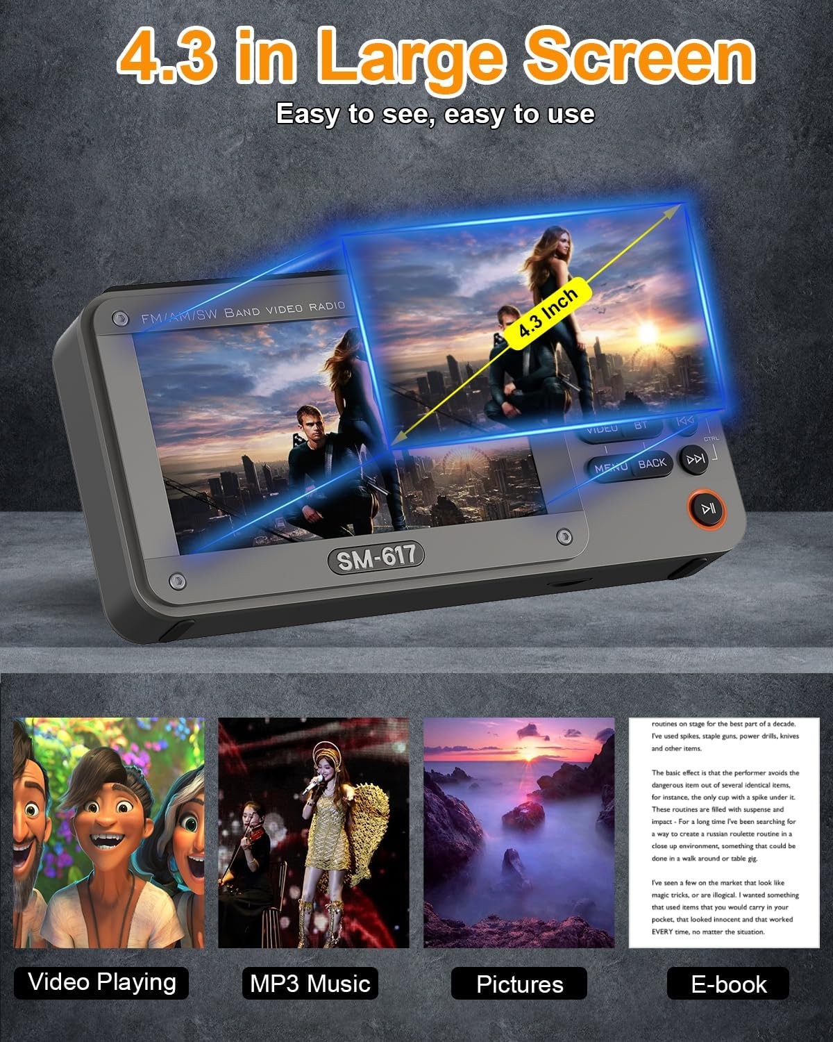 720p 4.3″ Screen AM FM SW Movie Video Radio with Bluetooth, Rechargeable Pocket