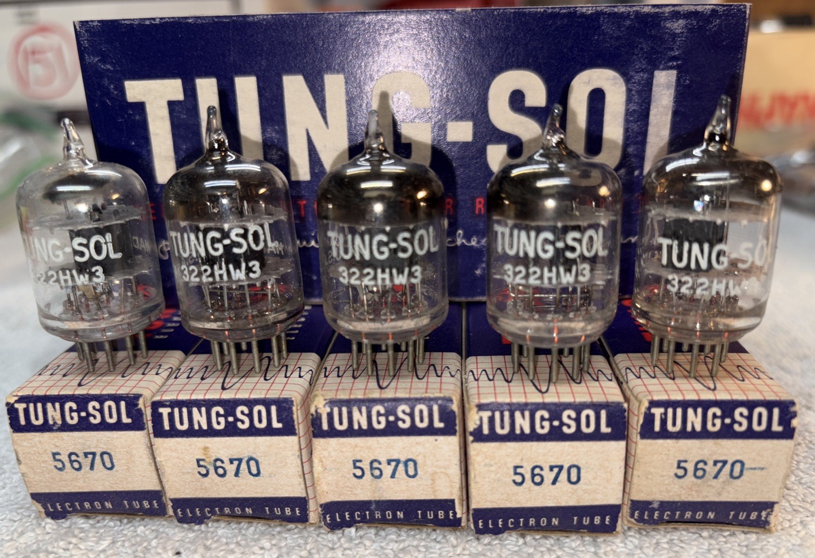 5- Tungsol 5670 Black Plate Vacuum Tubes New In Box Matching Dates