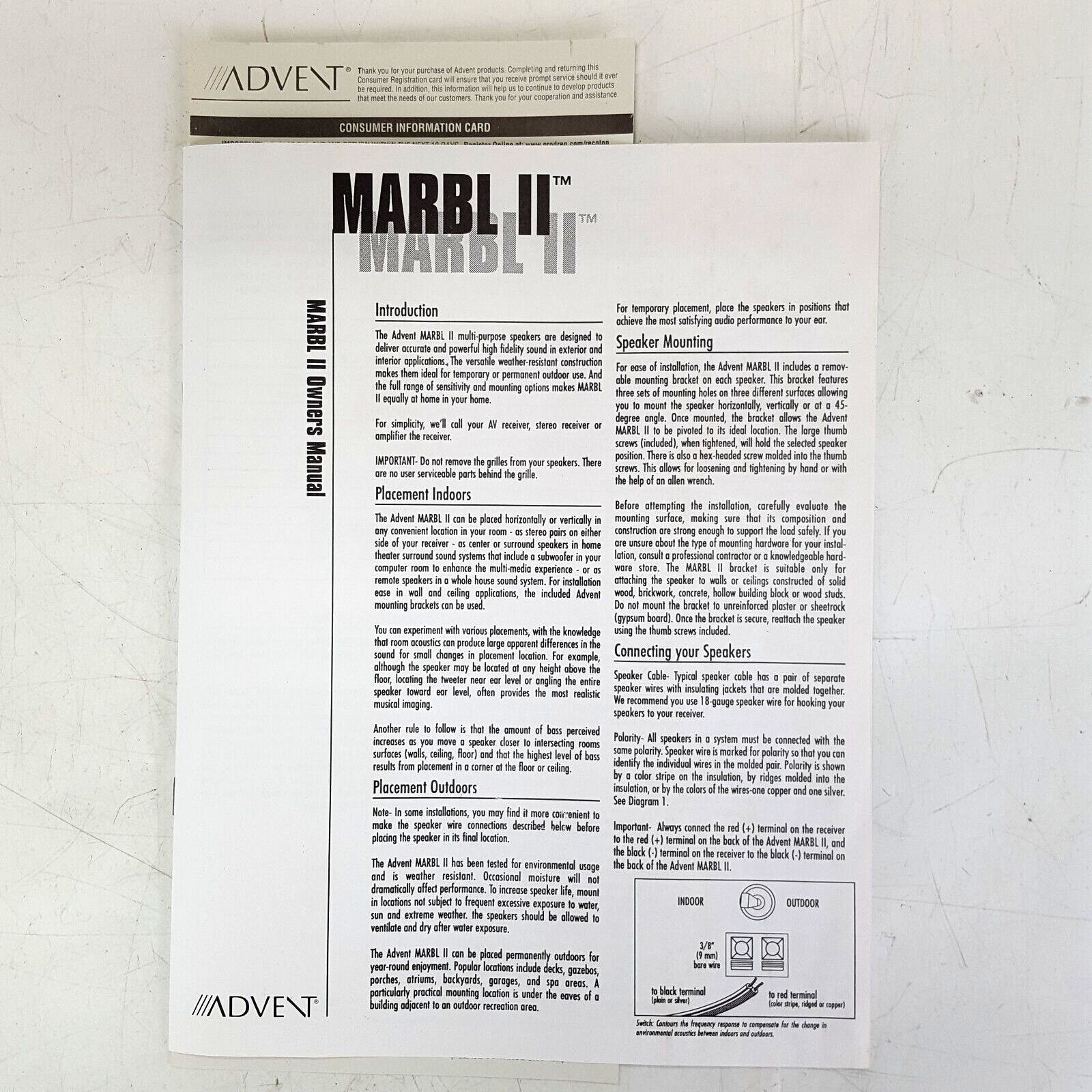 Advent Marbl II Speakers Weather Resistant For Indoor/Outdoor, Mounting Brackets