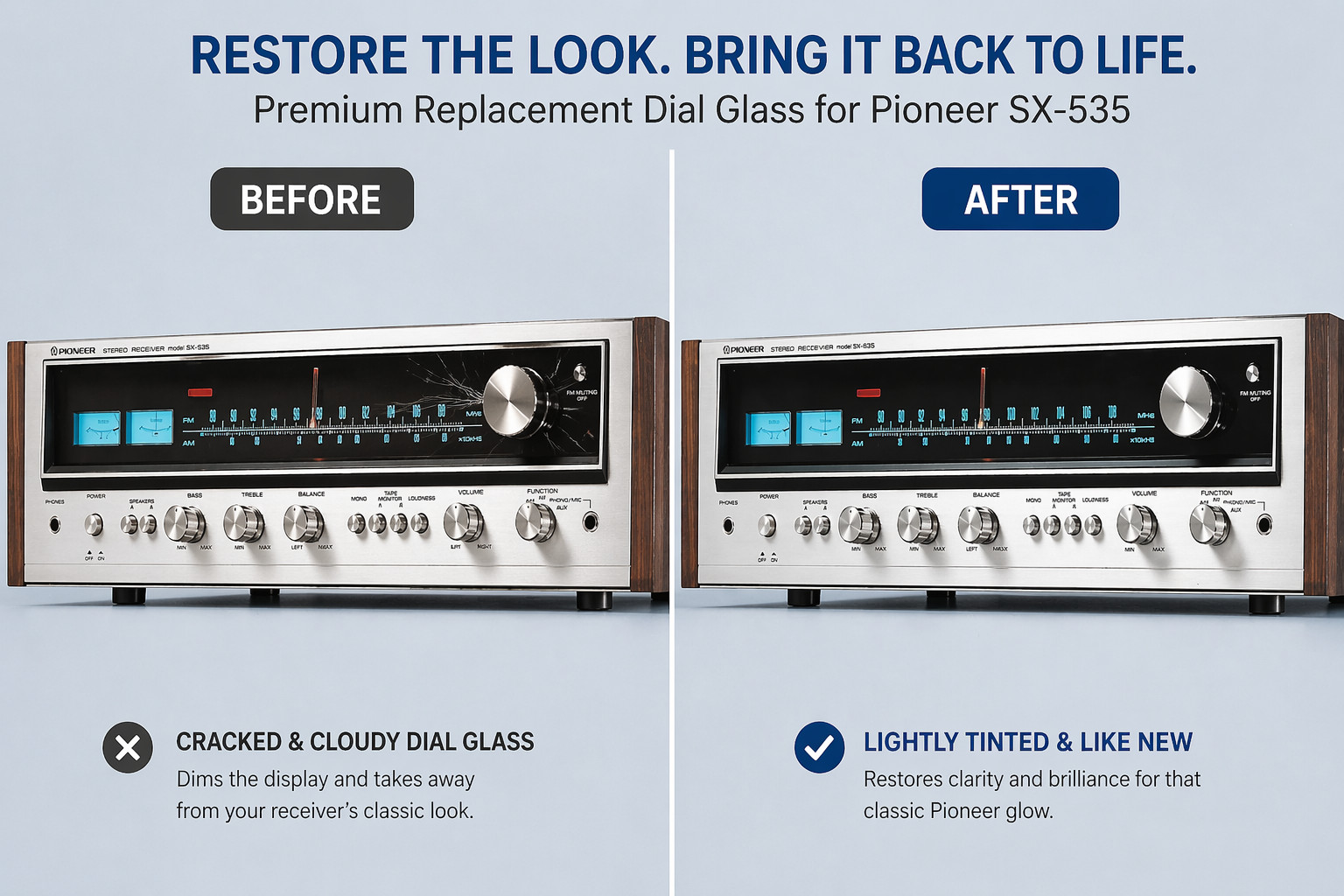 Pioneer SX-535 Clear Dial Glass Replacement for Vintage Stereo