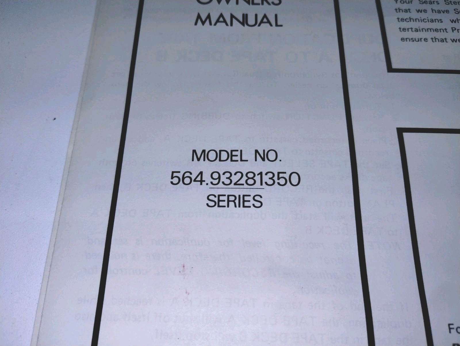 Sears Proformance Tape Deck Owners Manual Model 564.93281350
