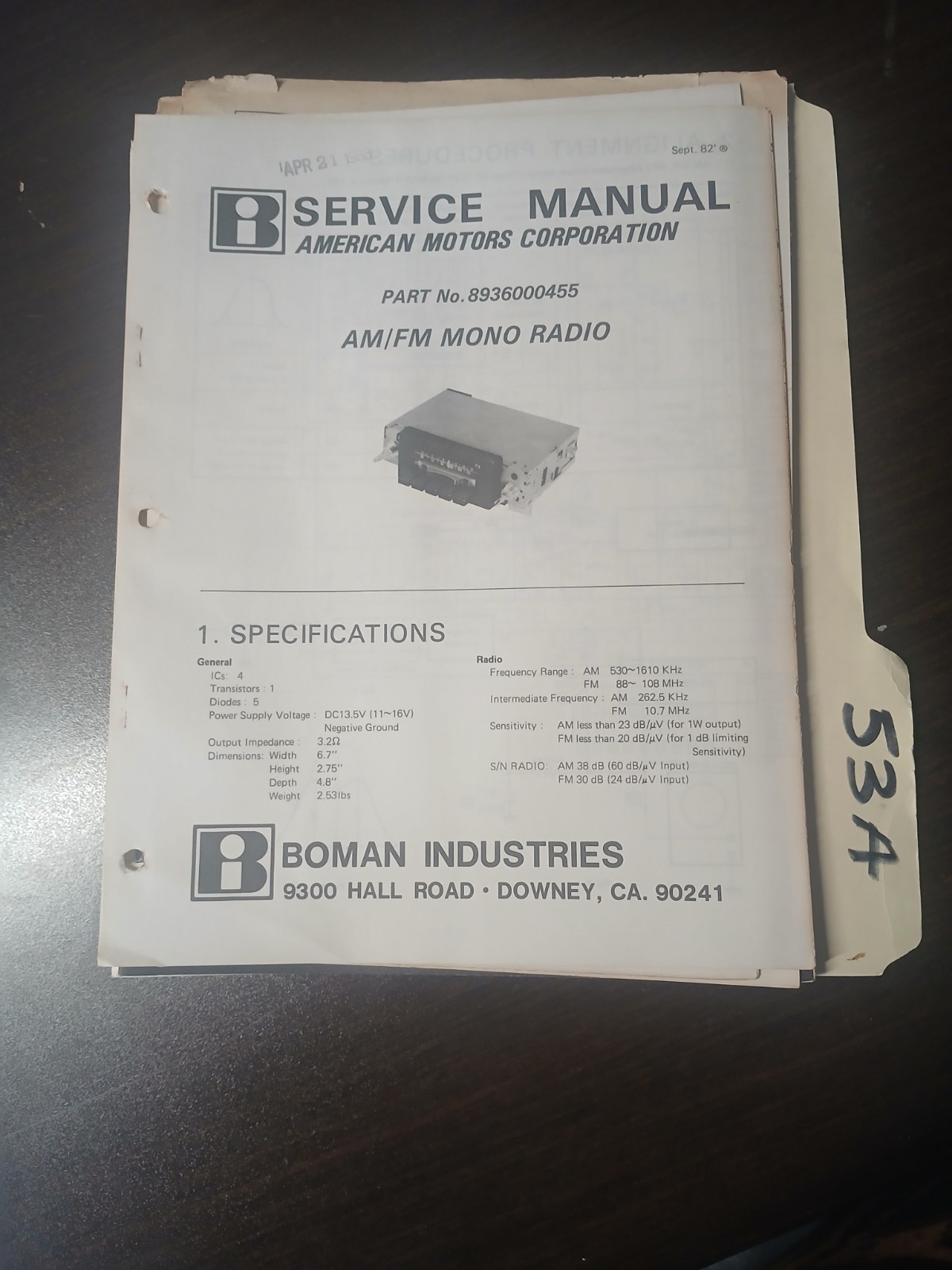 Boman AMC Part No. 8936000455 Service Manual Original Repair Book Radio