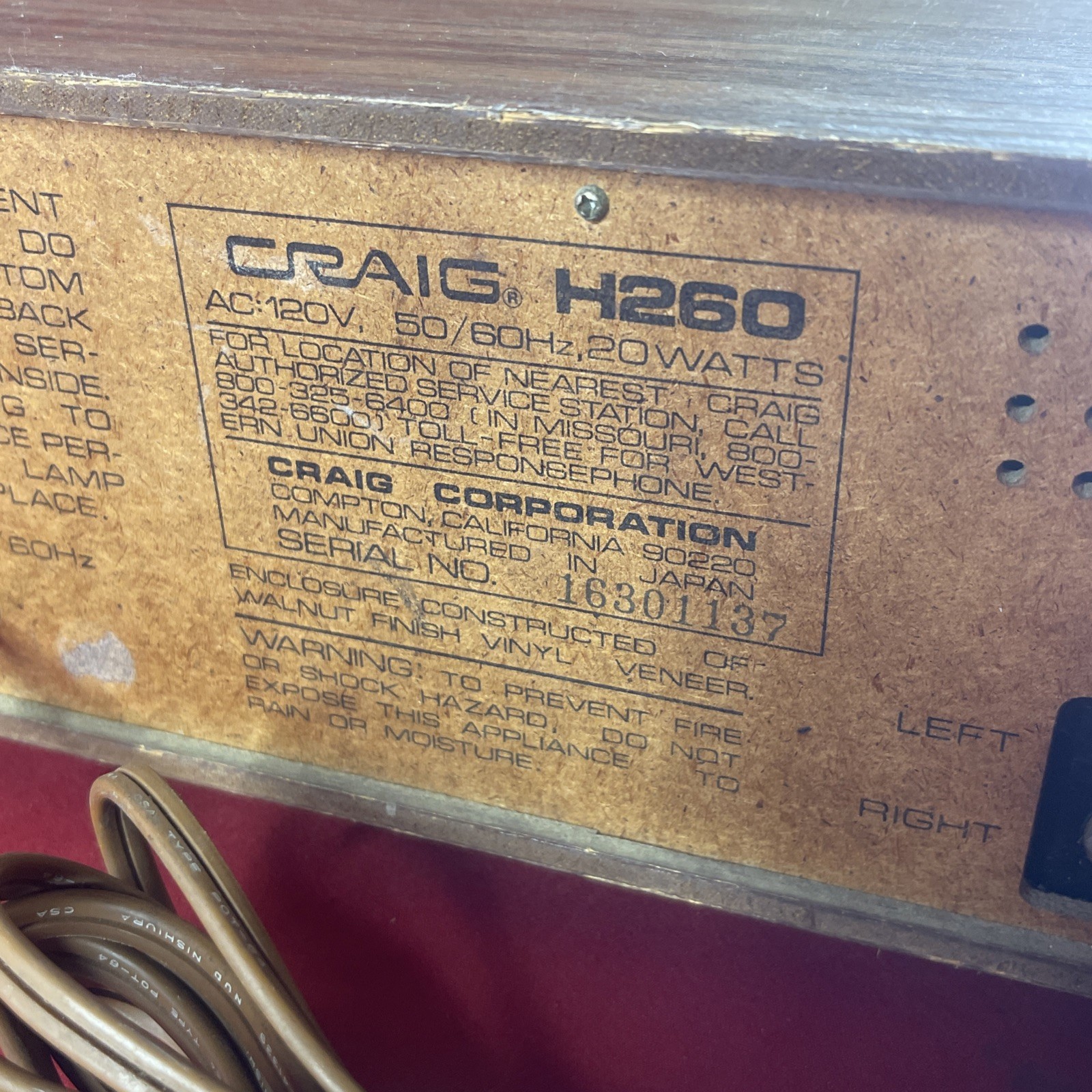 Craig (H260) Eight-Track Stereo Recorder Tape Player – Lights Up Untested