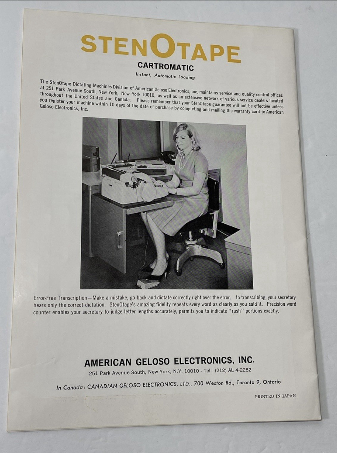 Geloso Electronics StenoTape 915 Cartromatic stenographer Dictating/transcribing