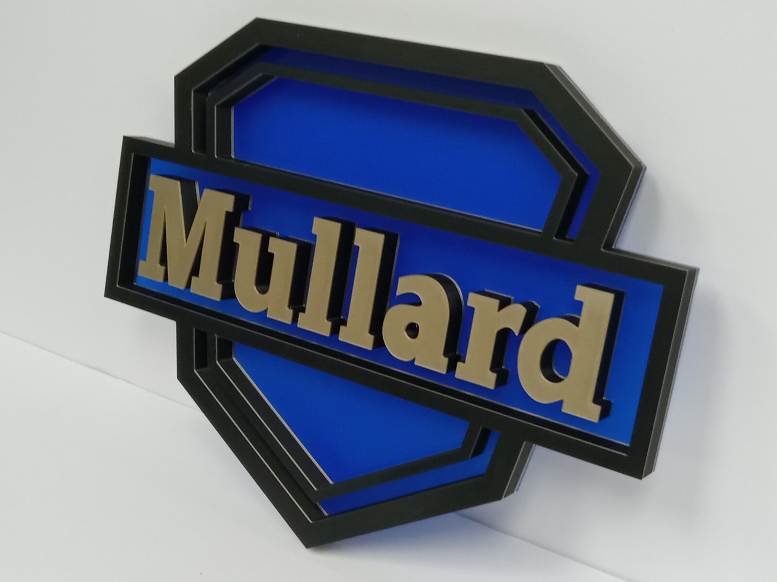 Mullard Logo Display Sign & Wood Base – Gold & Black on ‘Glass’ Blue -tubes