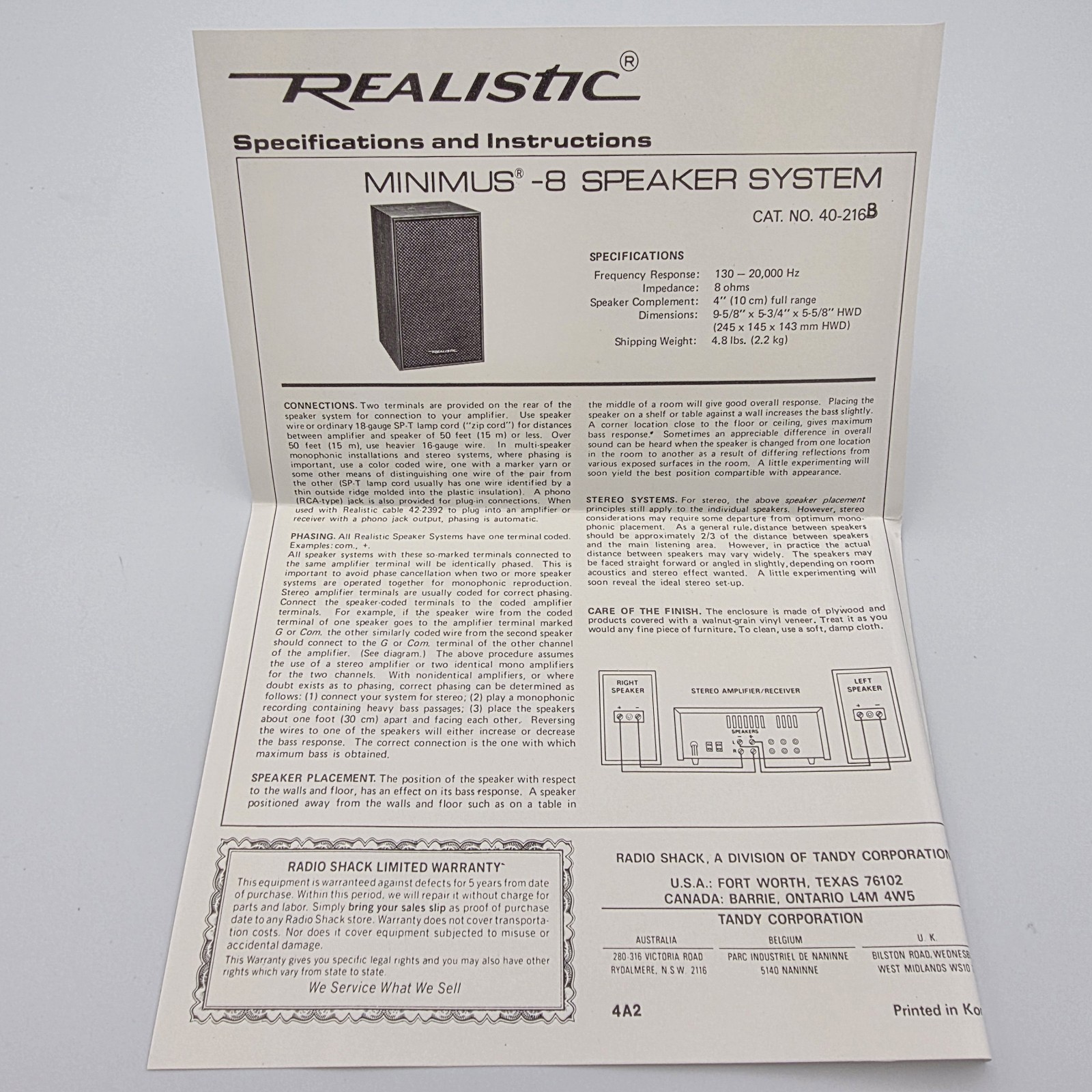 Realistic Minimus -8 Bookshelf Speaker 40-216B Walnut Wood Grain Radio Shack