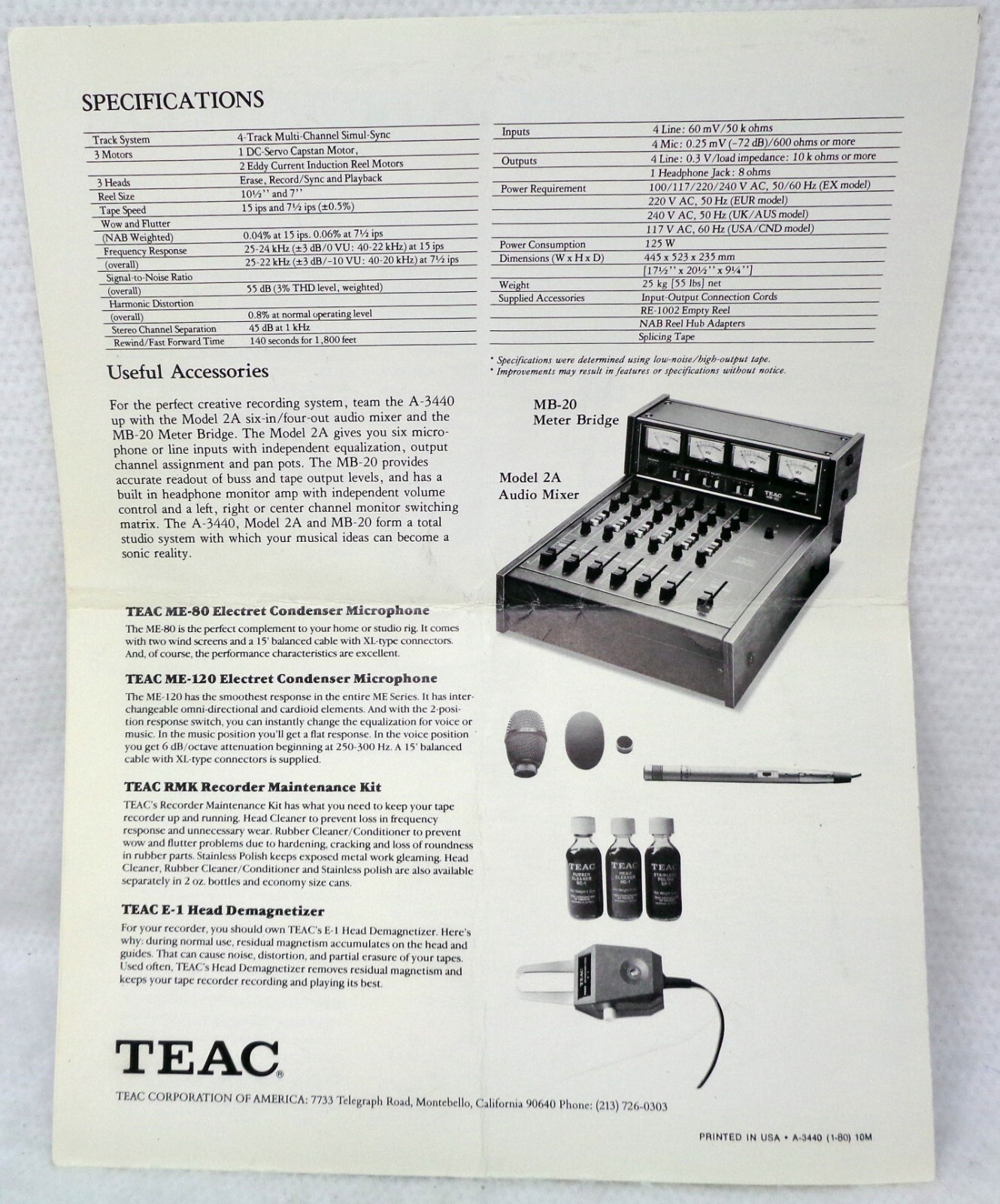 TEAC A-3440 4-Channel Multitrack Tape Deck Manual + Magazine Article 1980 (USA)
