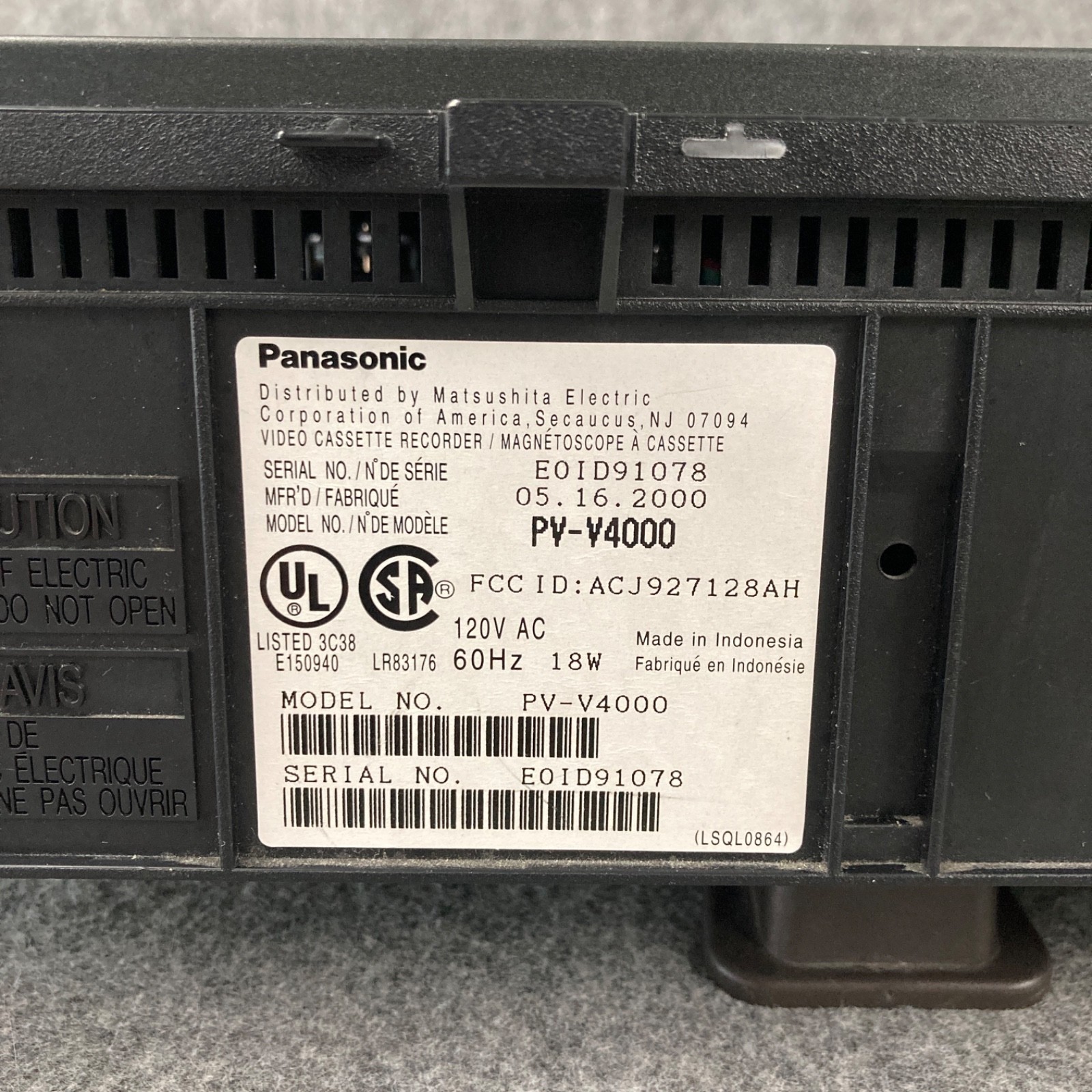 Panasonic VCR Player PV-V4000 VHS 4 Head Omnivision TESTED NO REMOTE