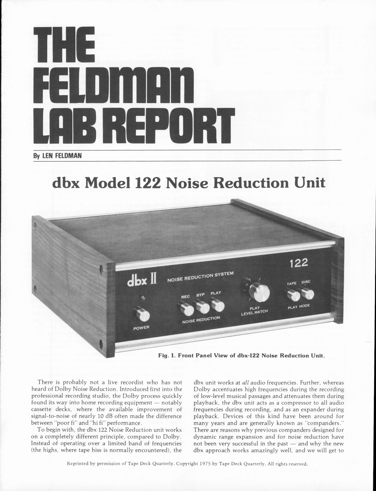 1975 DBX 122 Noise Reduction Unit Vintage Ad Feldman Report Reprint Audio Vtg.