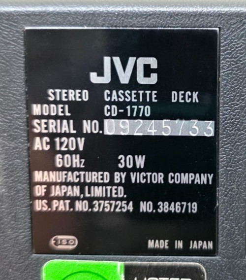 JVC CD-1770 Top Loading Stereo Cassette Deck w/ Noise Reduction ANRS