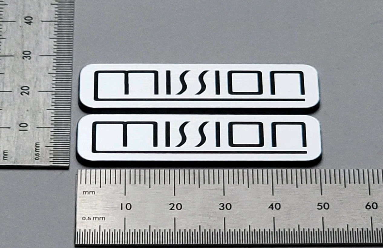 Mission Electronics Badge Logo Emblem Custom Incised Silver Pair With Adhesive