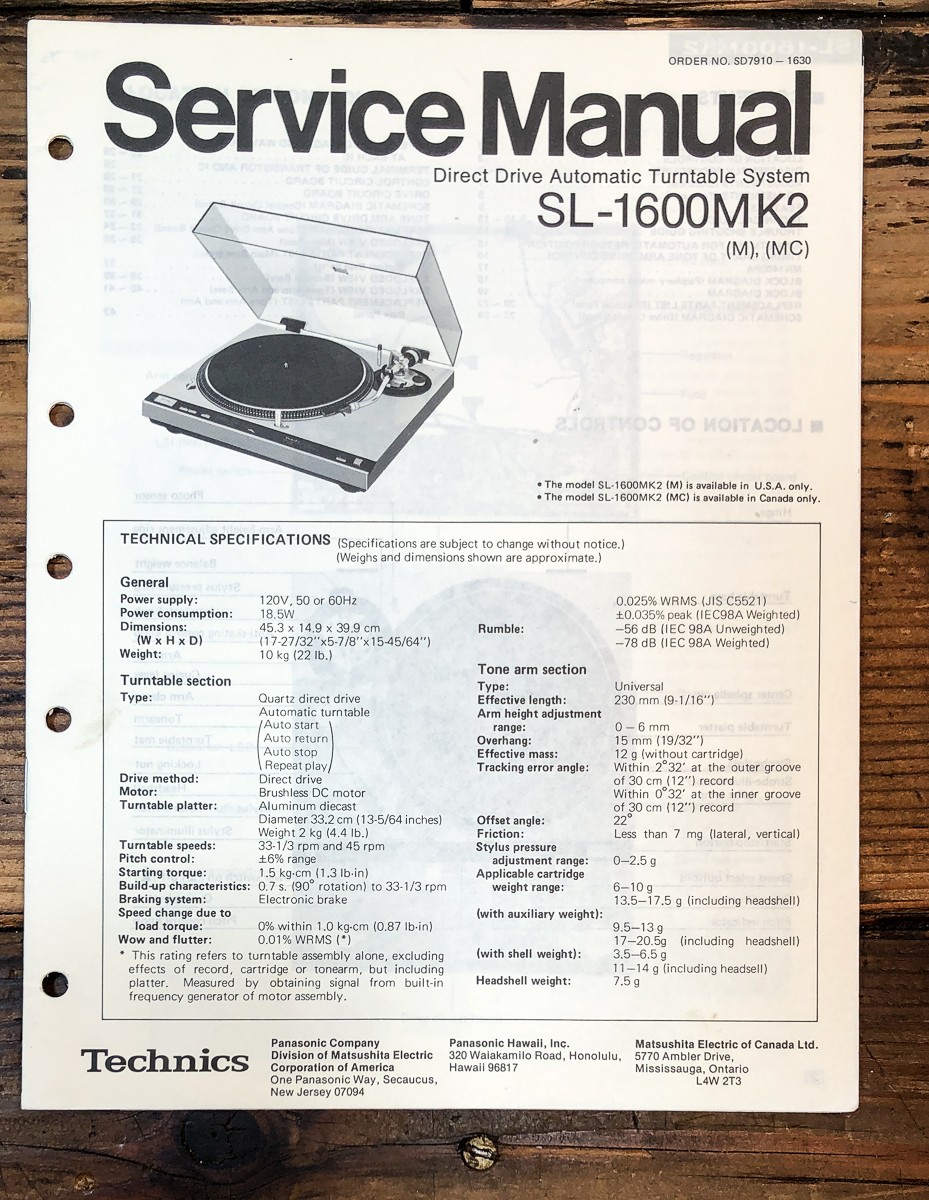 Technics SL-1600 MK2 Record Player / Turntable Service Manual *Original*