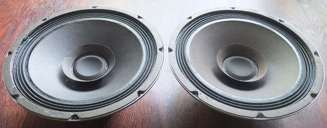 vintage pair 10″ full-range woofers marked DWK3 PURE 10, c.1975—very good cond