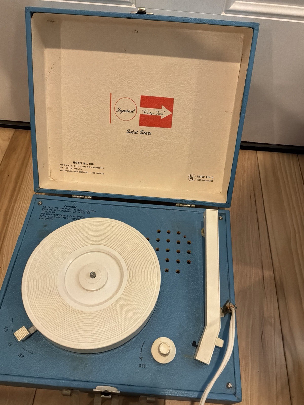 Vintage Imperial Party-Time Model 100 Record Player Blue Tested Spins 33/45