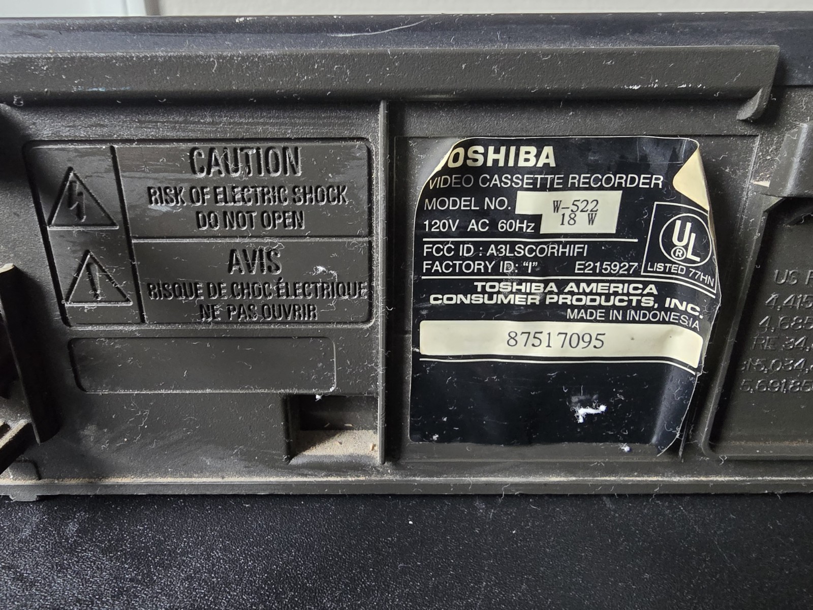 Toshiba W-522 VHS VCR 4-Head Hi-Fi Commercial Skip Tested Working No Remote