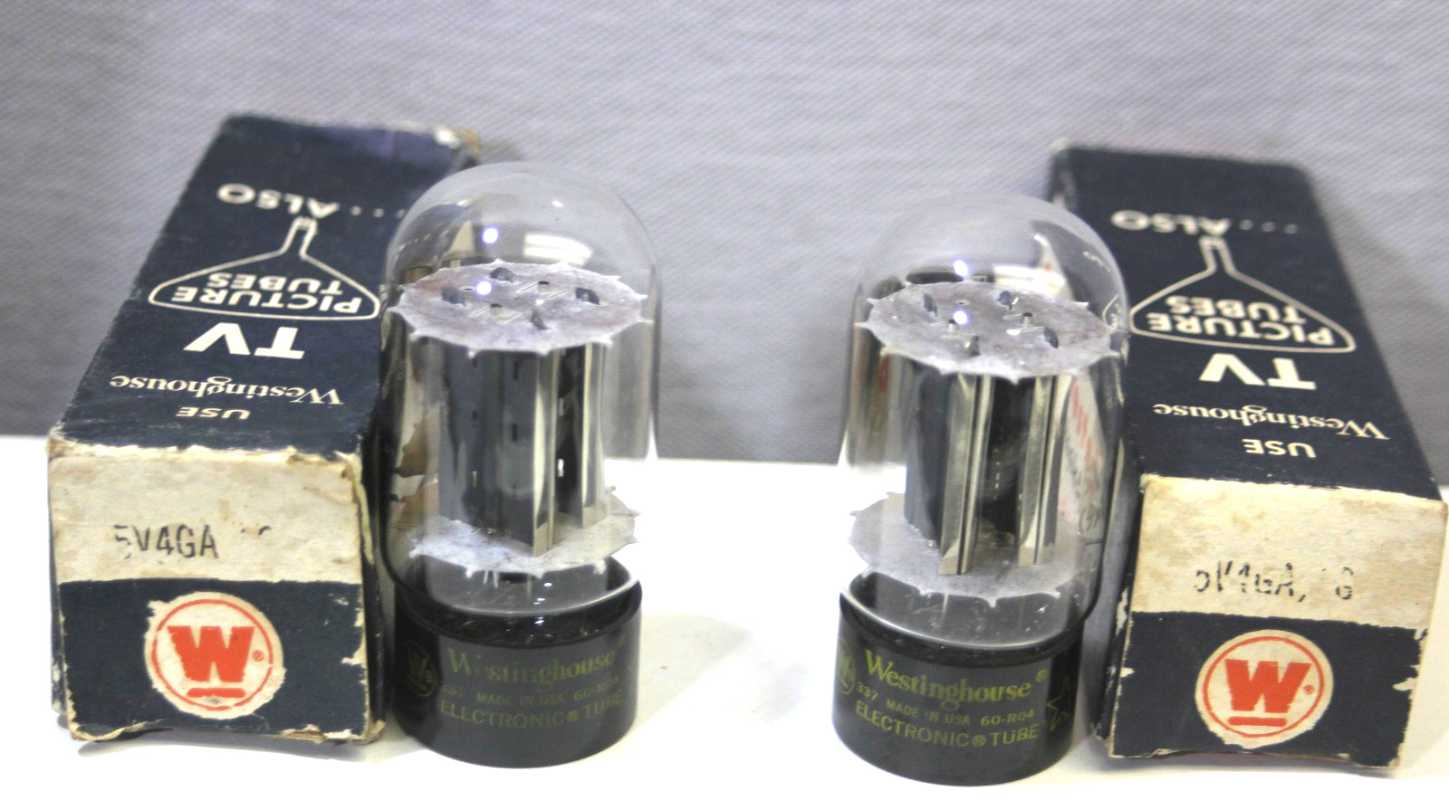 (2) 1960 NOS NIB Match Pair Westinghouse 5V4GA Side D Getter Tubes Matched & Bal