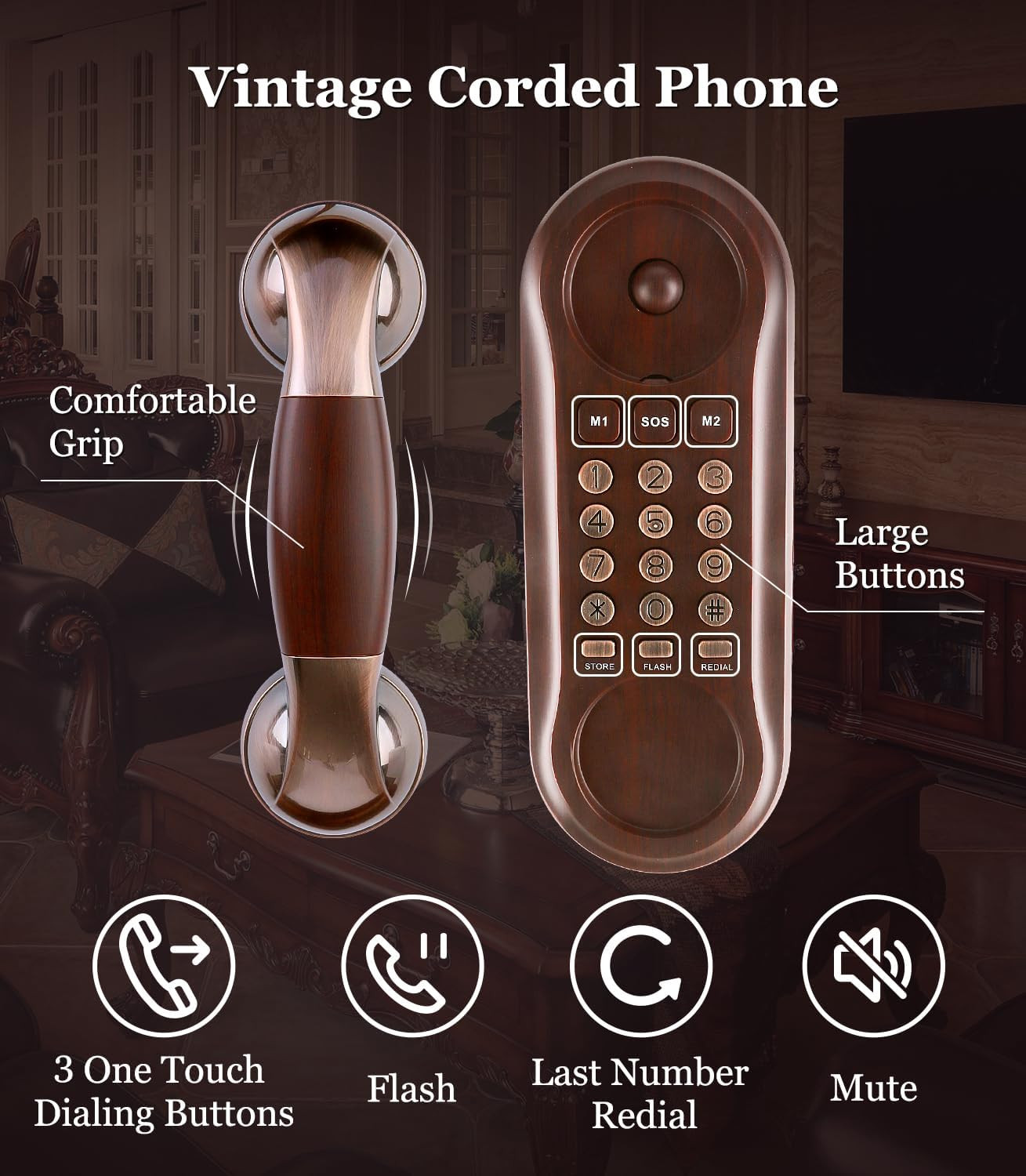Corded Phone Vintage Wood Grain Wall Phone, No AC Power Required, 3 Speed Dial K