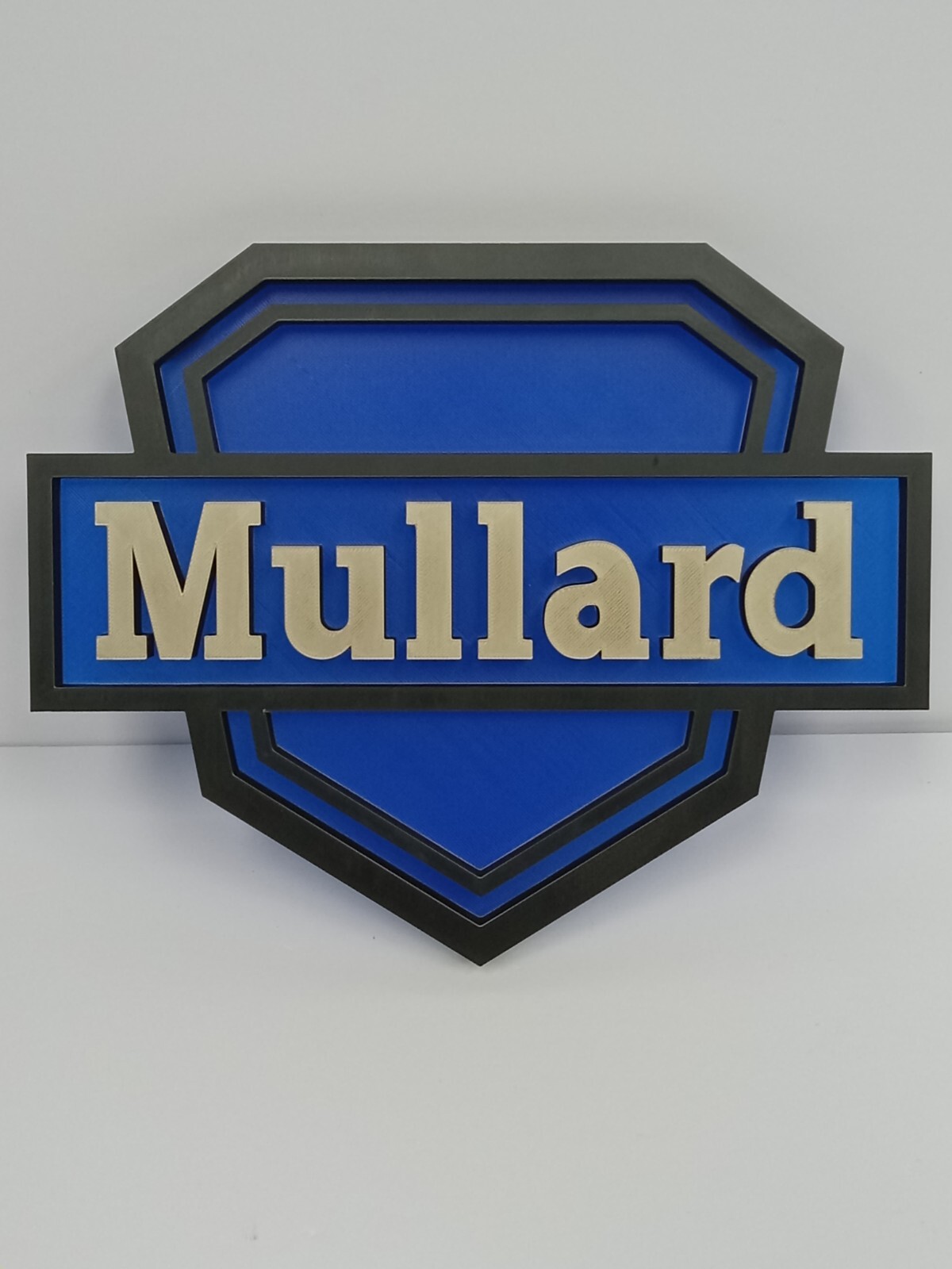 Mullard Logo Display Sign & Wood Base – Gold & Black on ‘Glass’ Blue -tubes