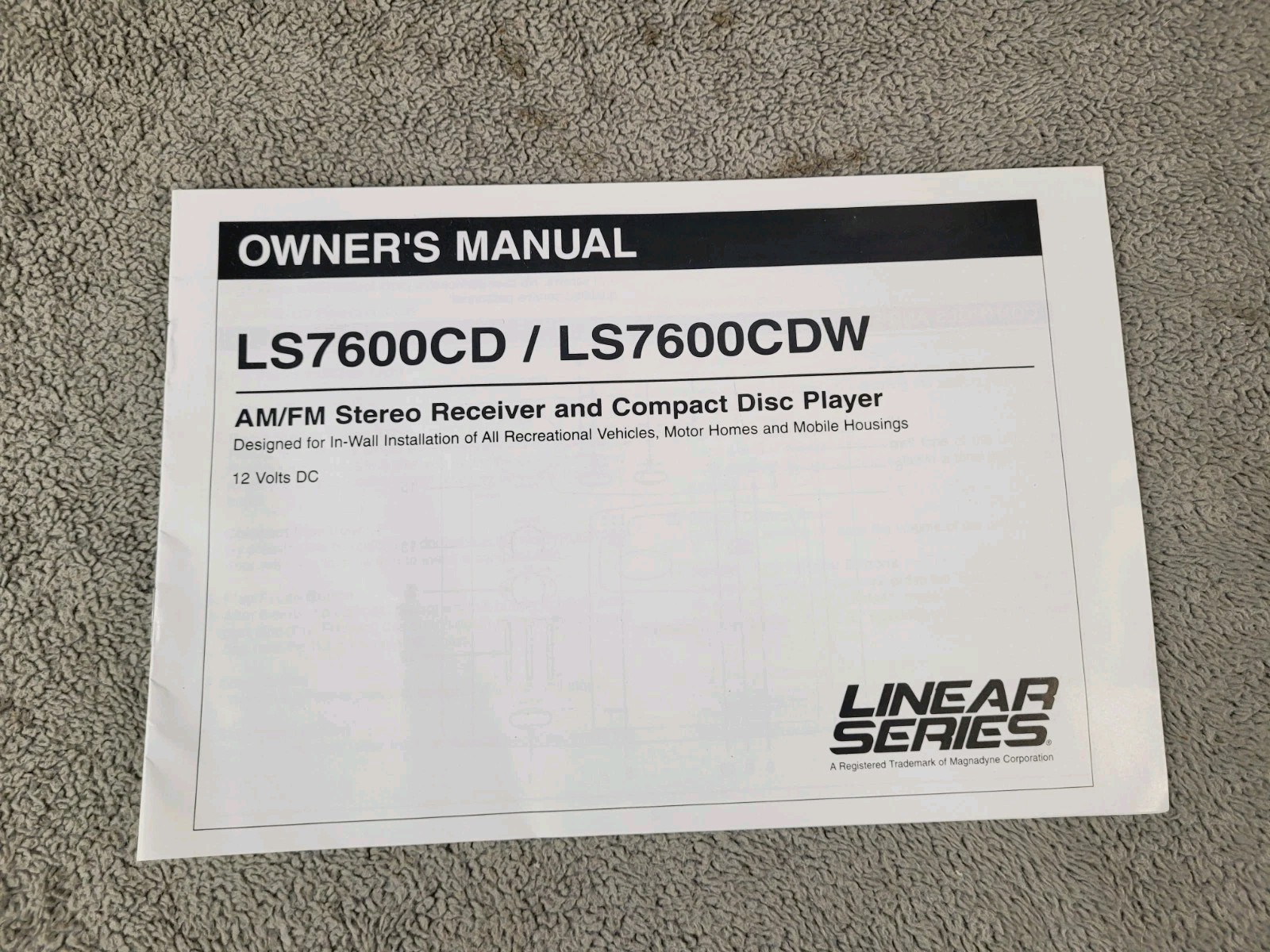 Linear Series LS7600CD RV AM/FM Stereo CD Player Owner’s Manual Only