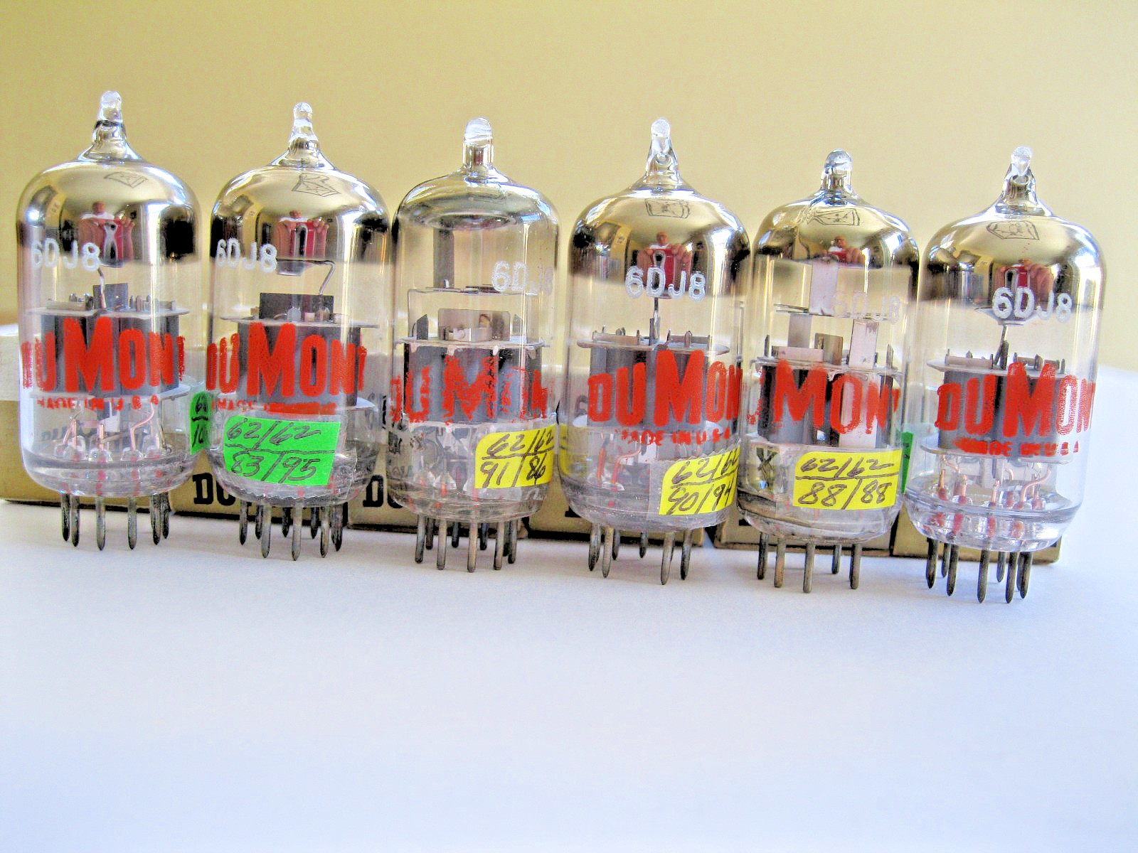 6 DUMONT 6DJ8/ECC88 VACUUM TUBES GRAY PLATE MATCHED DATE TV-7 TESTED READ.