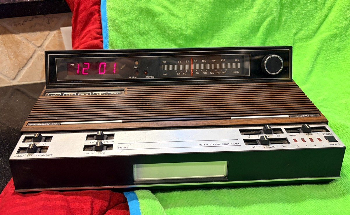 Vintage 1970s Sears Clock Radio w 8-Track Tape Player Model # 317.23450 050