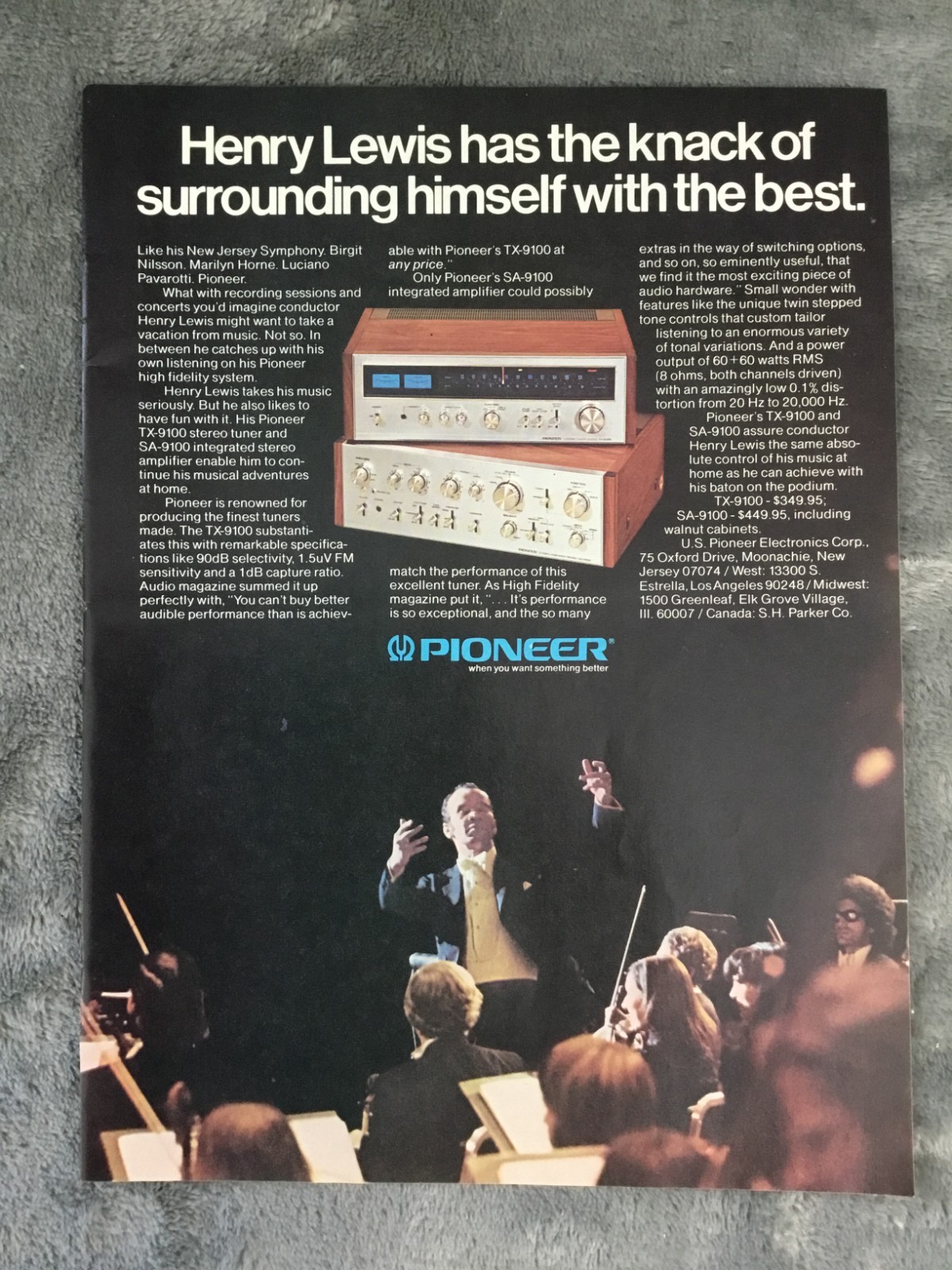 Rare 1974 PIONEER TX-9100 and SA-9100 “Henry Lewis Conductor” Magazine Ad