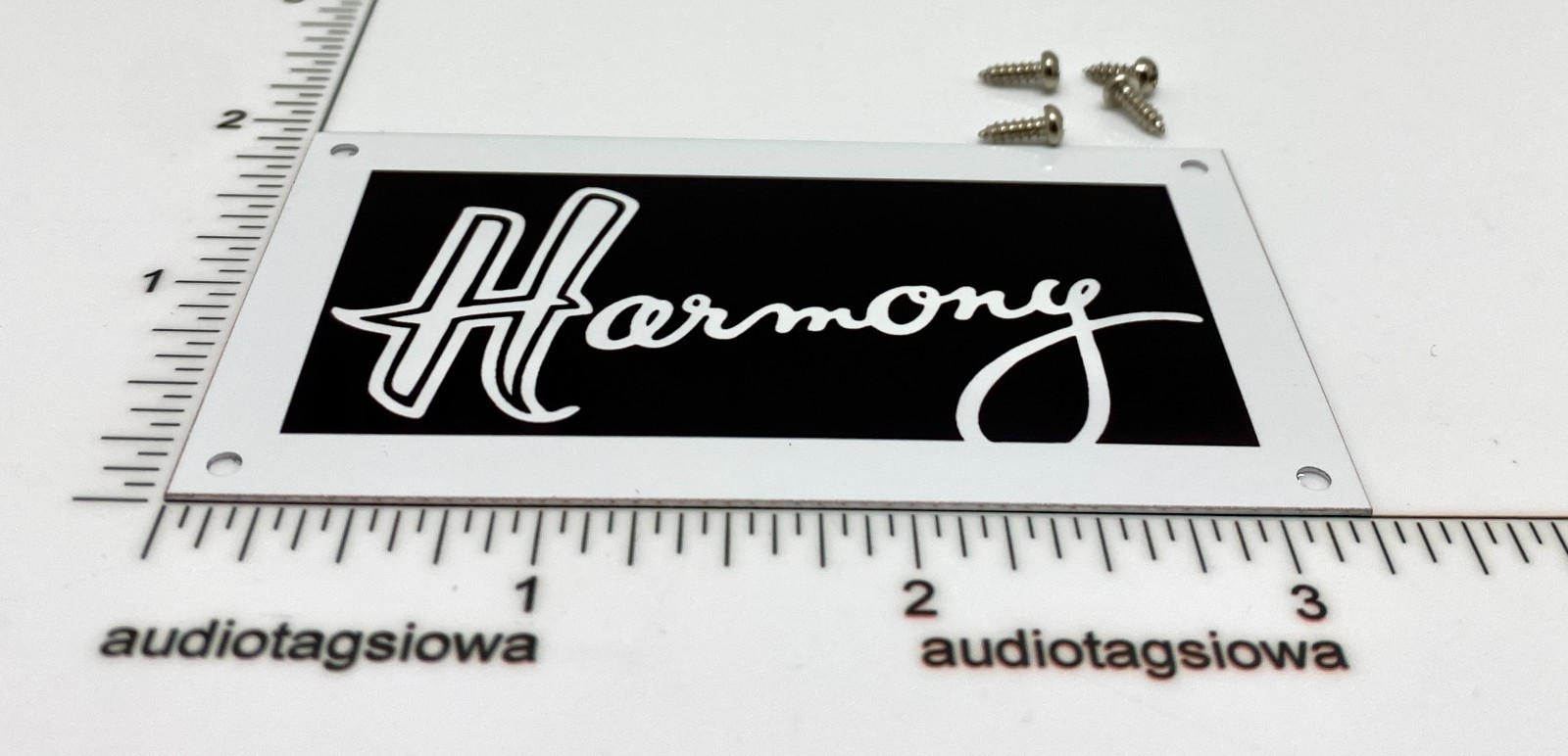 Harmony Amplifier Badge White Aluminum Custom Reproduction with Screws