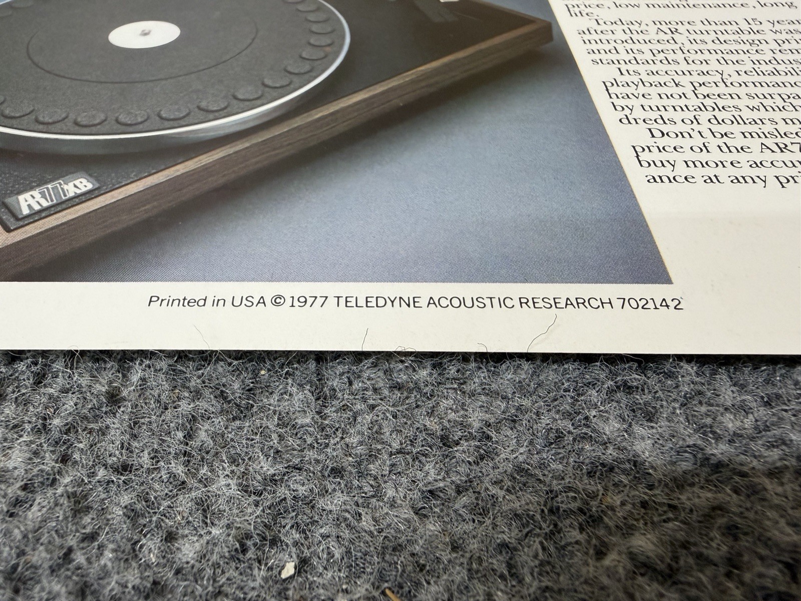 ⭐️ Original Acoustic Research AR77-XB Stereo Turntable Dealer Sales Brochure ⭐️