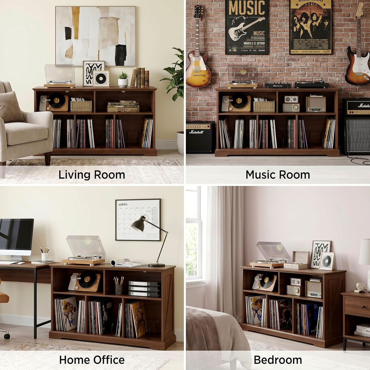 55″ Mid-Century Modern Record Player Stand with Charging Station