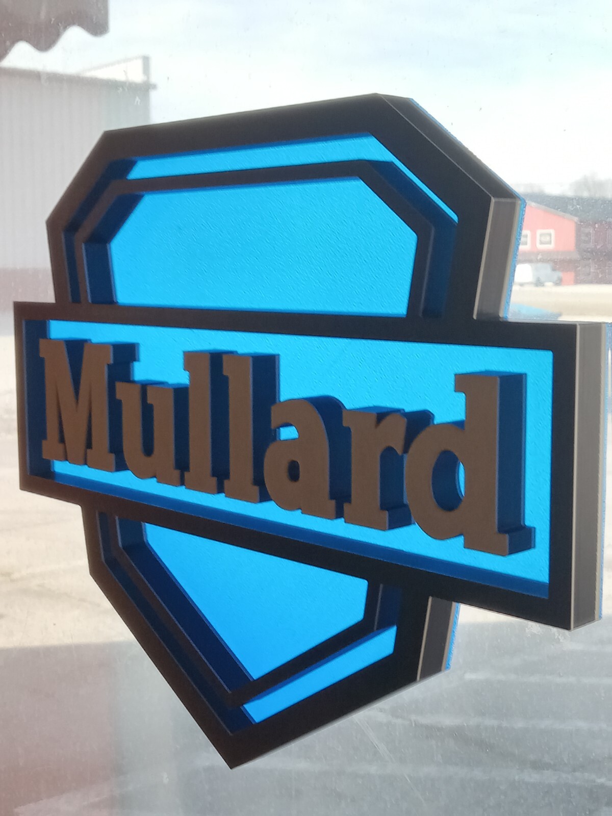 Mullard Logo Display Sign & Wood Base – Gold & Black on ‘Glass’ Blue -tubes