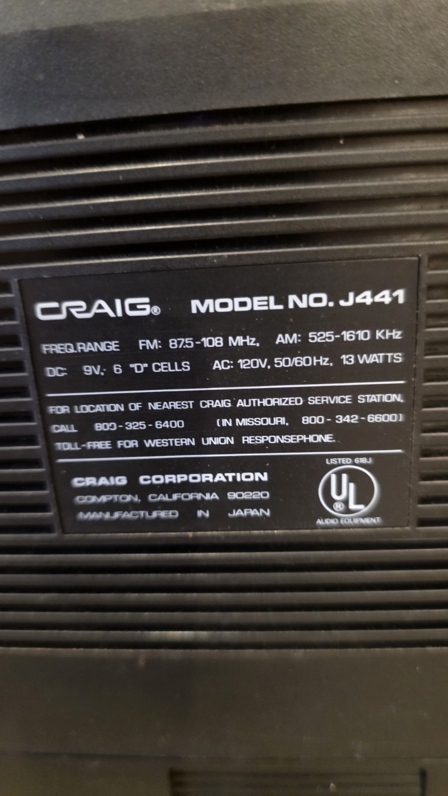 Vintage CRAIG J441 PORTABLE AM FM MPX RADIO W CASSETTE RECORDER