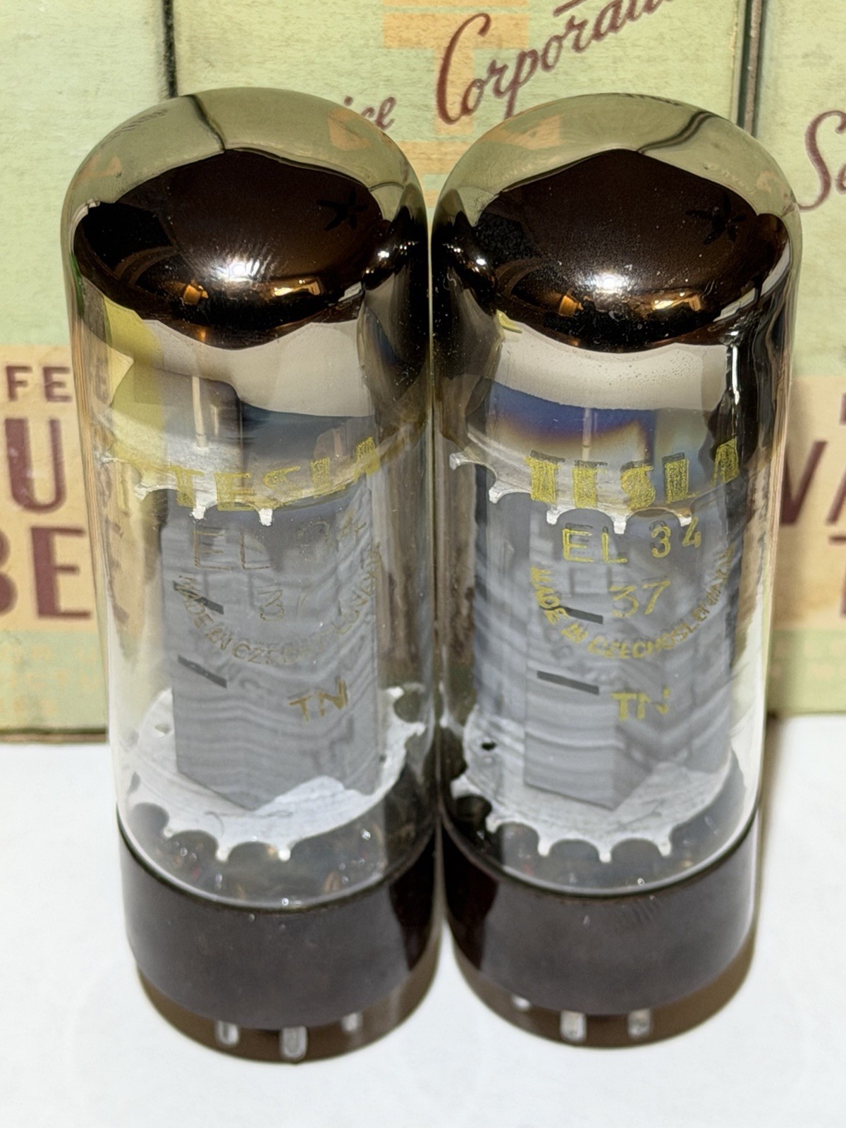 EX+ Pair Vintage Tesla Brown Base Flat Top OO Getter EL34 Tubes TV7 Tested @NOS
