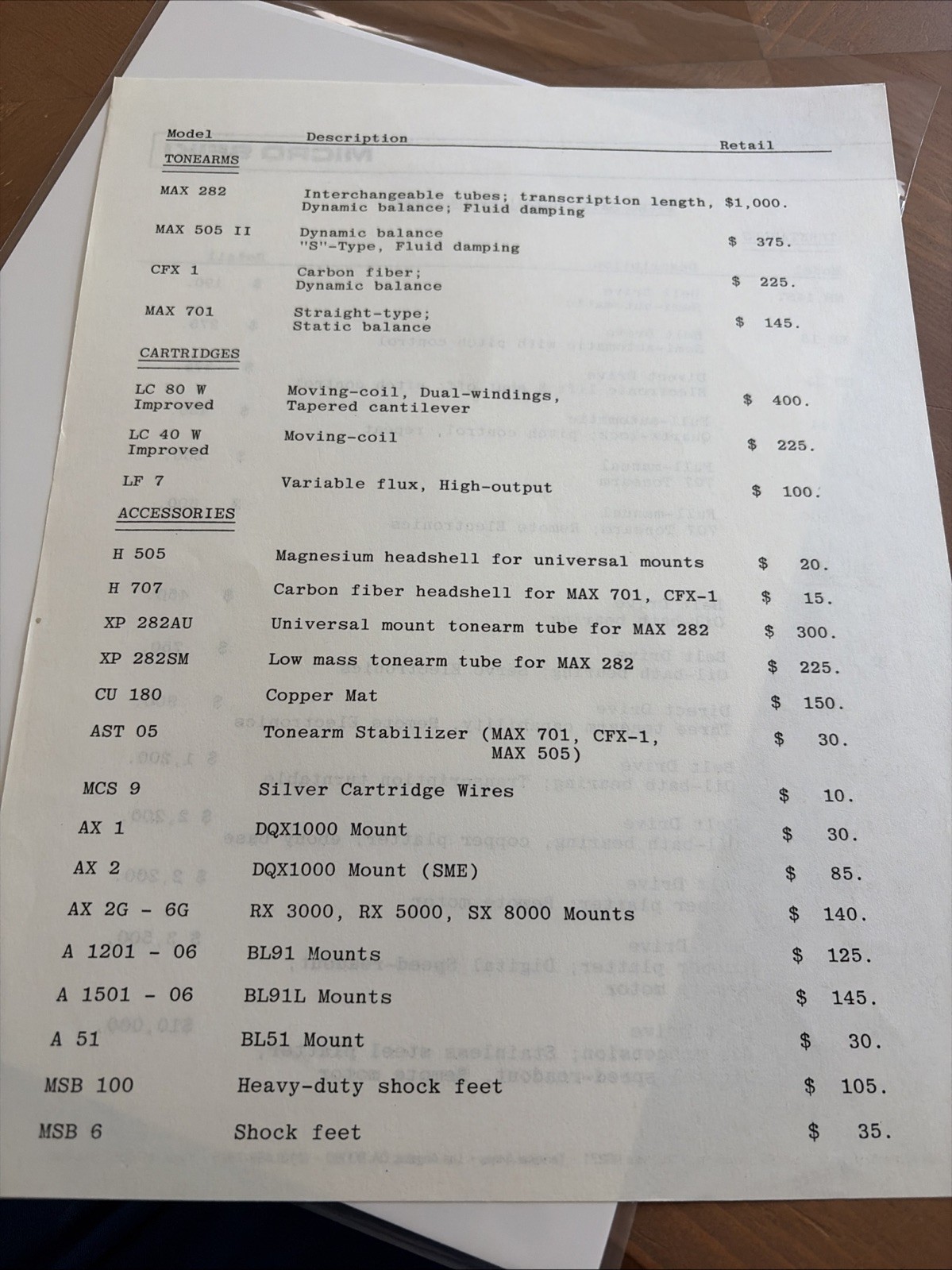 Micro Seiki Turntables Retail Price Sheet Brochure