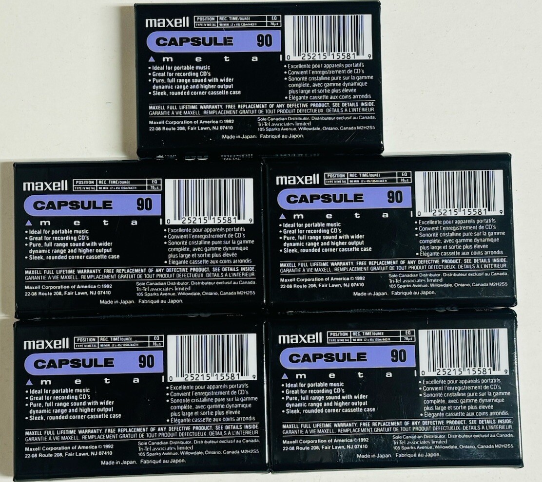 Lot of 5 – Maxell Capsule 90 – Metal Cassette Tape – IEC Type IV – New Sealed