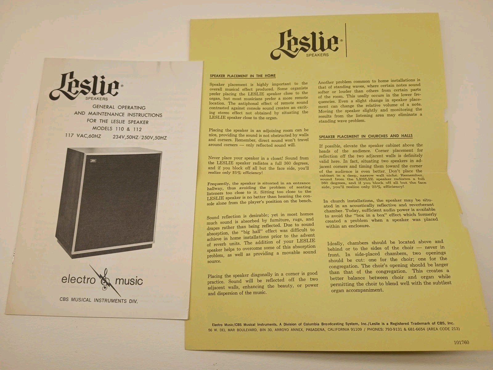 Vintage Leslie Speaker Manual 110/112 Operating And Maintenance+Brochure