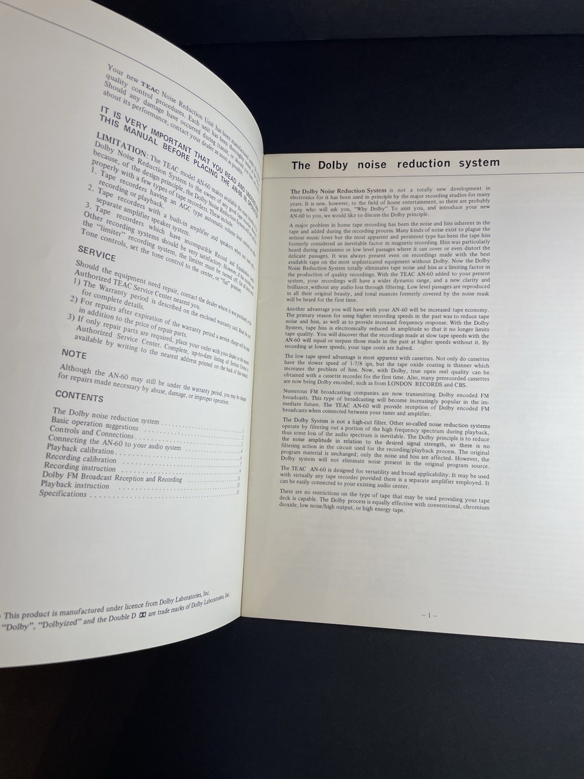 Vintage Original TEAC AN-60 Noise Reduction Unit Instruction Manual