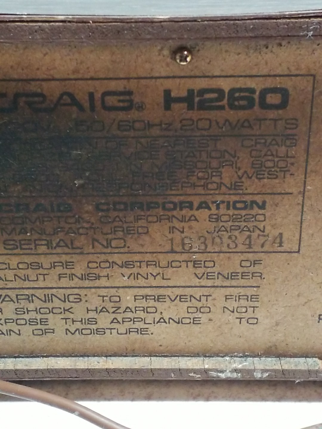 Craig H260 Eight-Track, Stereo Tape Player/Recorder Lights Up! PARTS ONLY